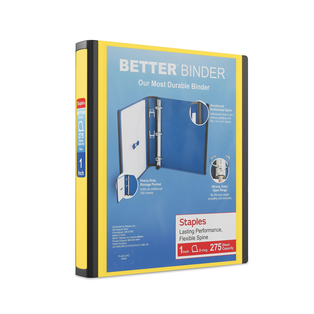 Staples Better Binder, 1 Inch D-Ring, Yellow, 275 Sheets, 3-Pack