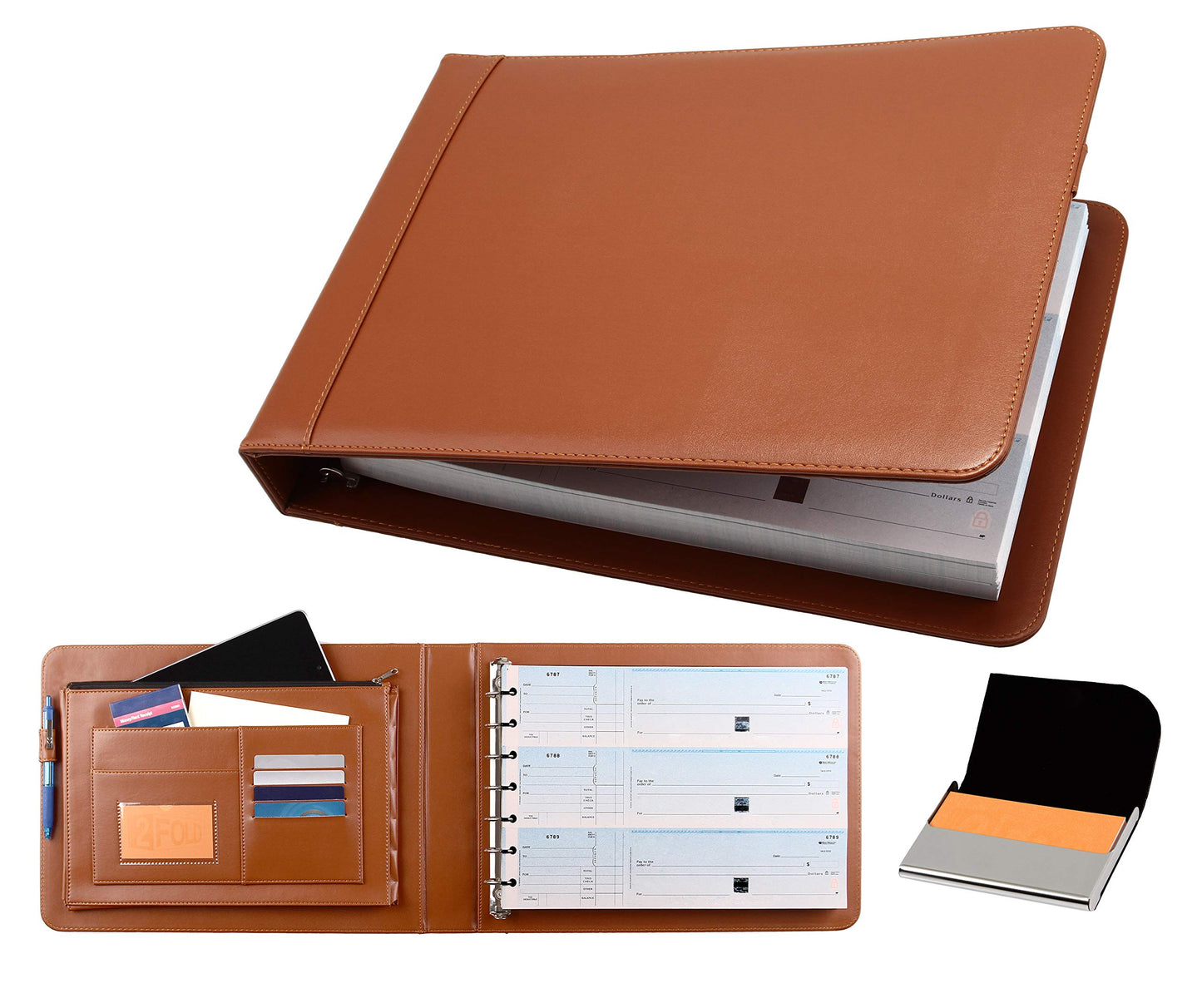 2Fold Business Check Binder 7 Ring for 3-Up Business Size Checks with Extra Business Card Case - PU