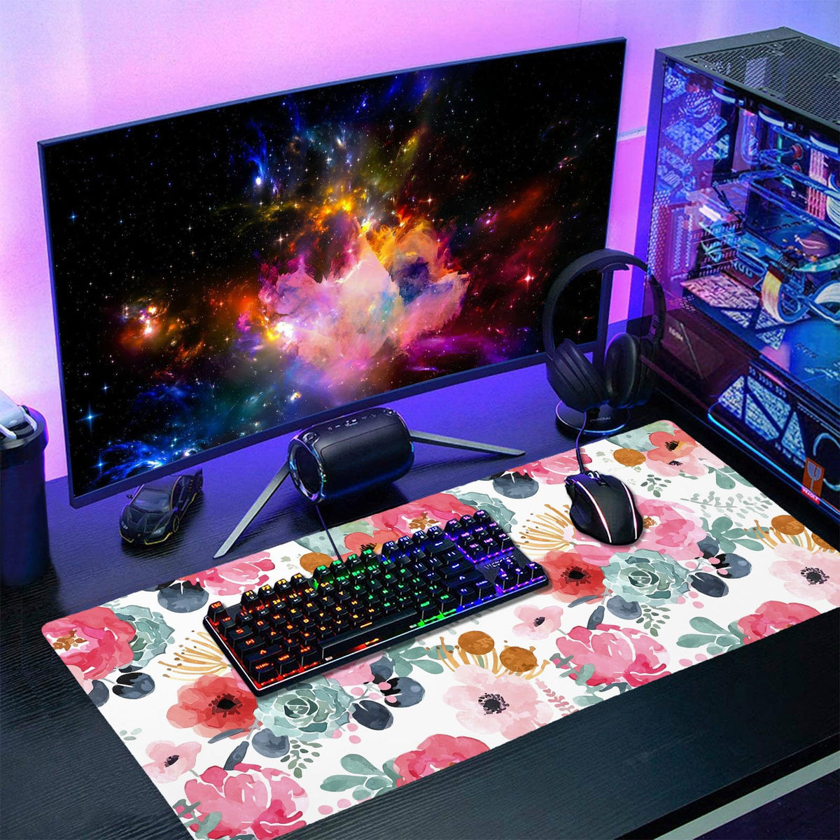 Pink Green Flowers Gaming Mouse Pad XXL Cute Watercolor Floral Pretty Extended Desk Pad Trendy
