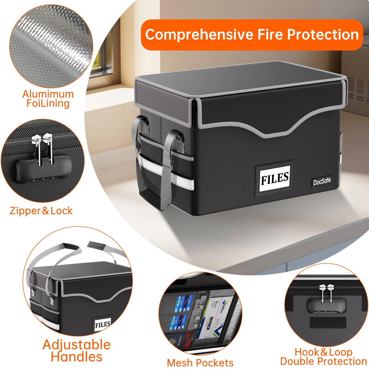 DocSafe 5200°F Fireproof Document Box with Lock,Heat Insulated File Organizer Storage with