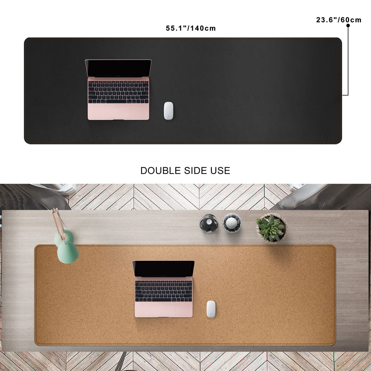MAIDERN 55” x 24” Cork & Leather Desk Pad, Large XXL Desk Mat (Black)