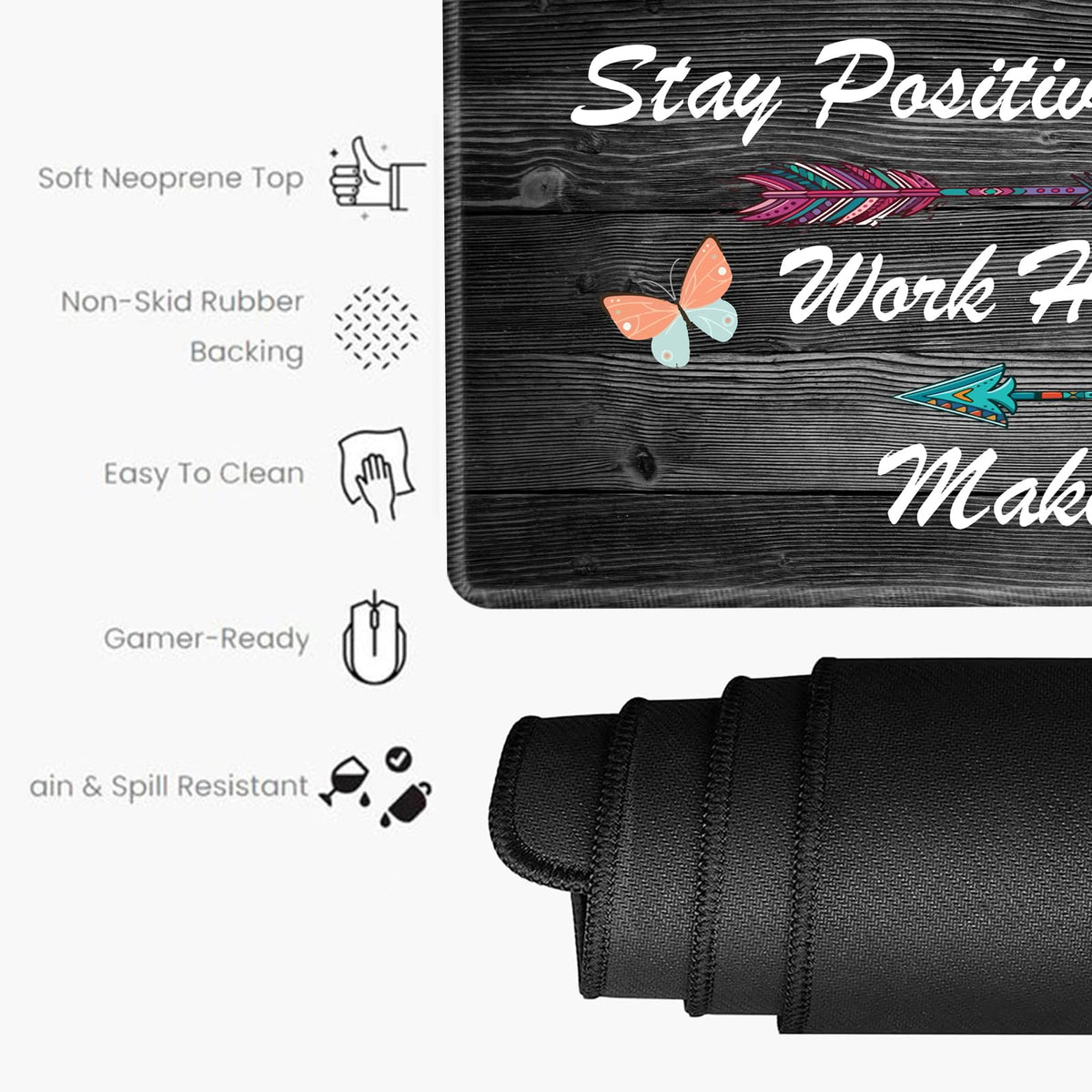 Stay Positive Mouse Pad 24x12 Inch Desk Mat Work Hard and Make It Happen Mousepad Inspirational