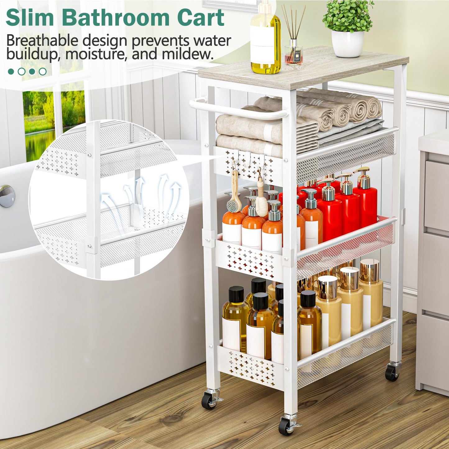 Vivihomety 4-Tier Laundry Utility Rolling Storage Cart with Wheels, Metal