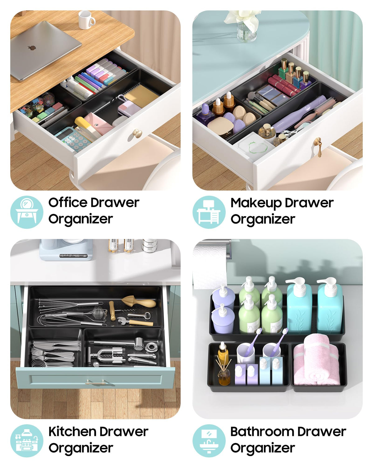 MLIKLU 10 Pack Large Size Plastic Drawer Organizers Set, 3 Sizes Desk Drawer Organizer Trays