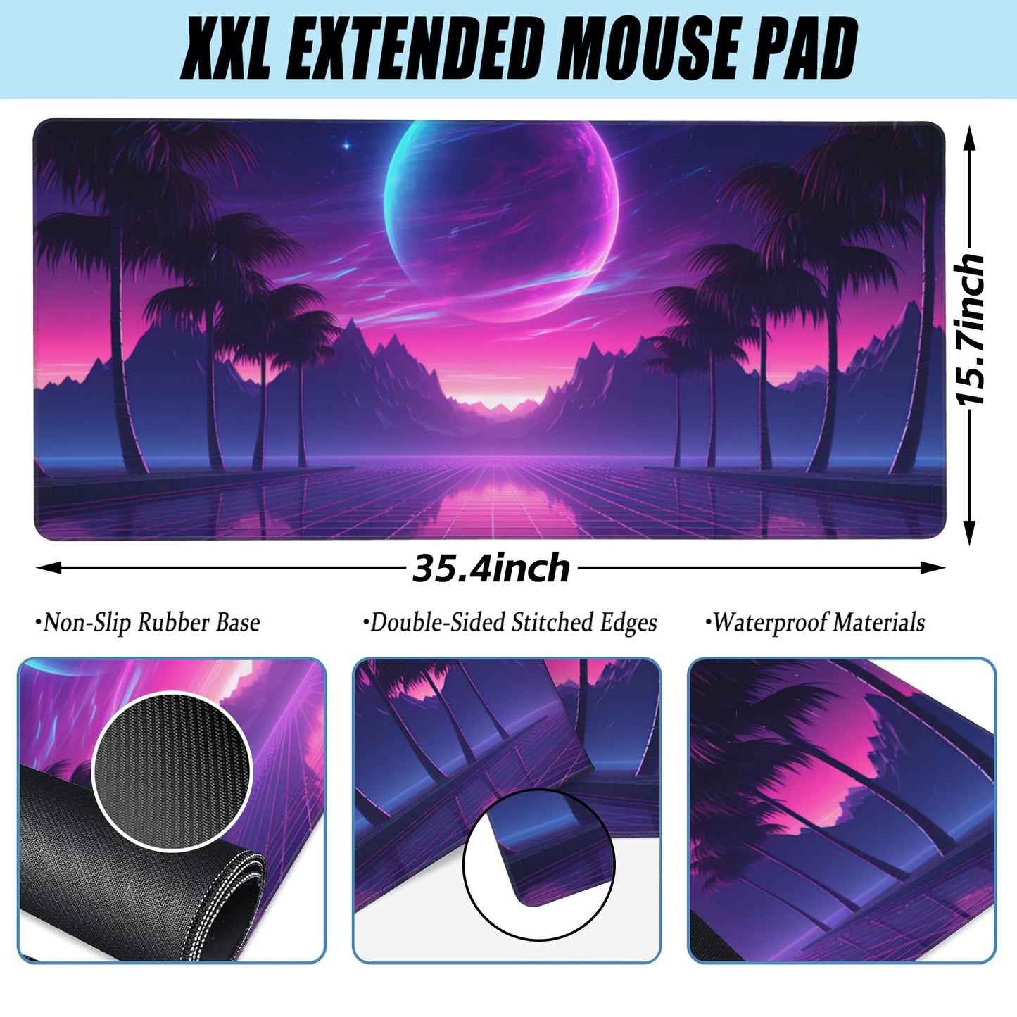 Large Gaming Mouse Pad for Desk,Cool Retrowave Landscape Desk Mat,Science Fiction Scene Desk Pad