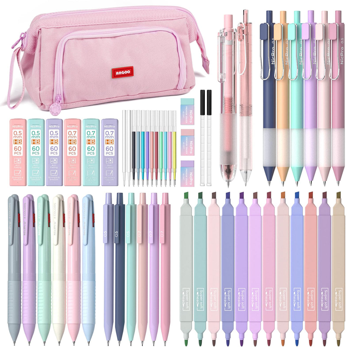 Nicpro School Supplies with Pen Case Pink, 52 PCS Stationery Set for Girls