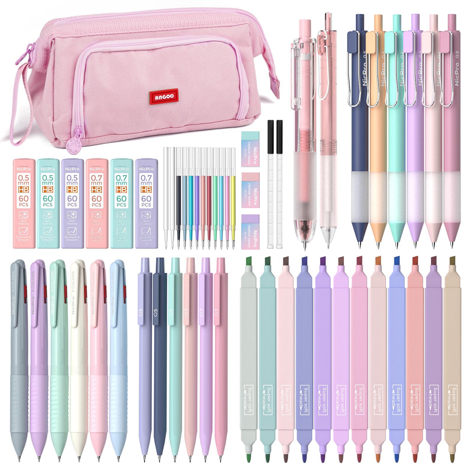 Nicpro School Supplies with Pen Case Pink, 52 PCS Stationery Set for Girls