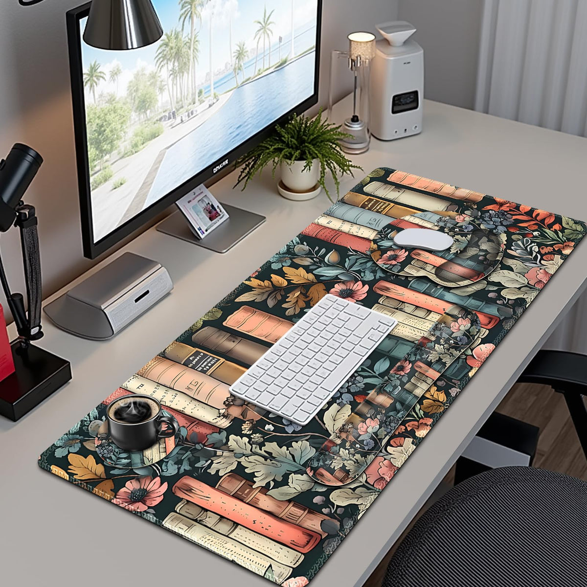 Nature Aesthetic Florals Books Mouse Pad, XXL Large Desk Mat Extended Reading Desk pad, 4PCS