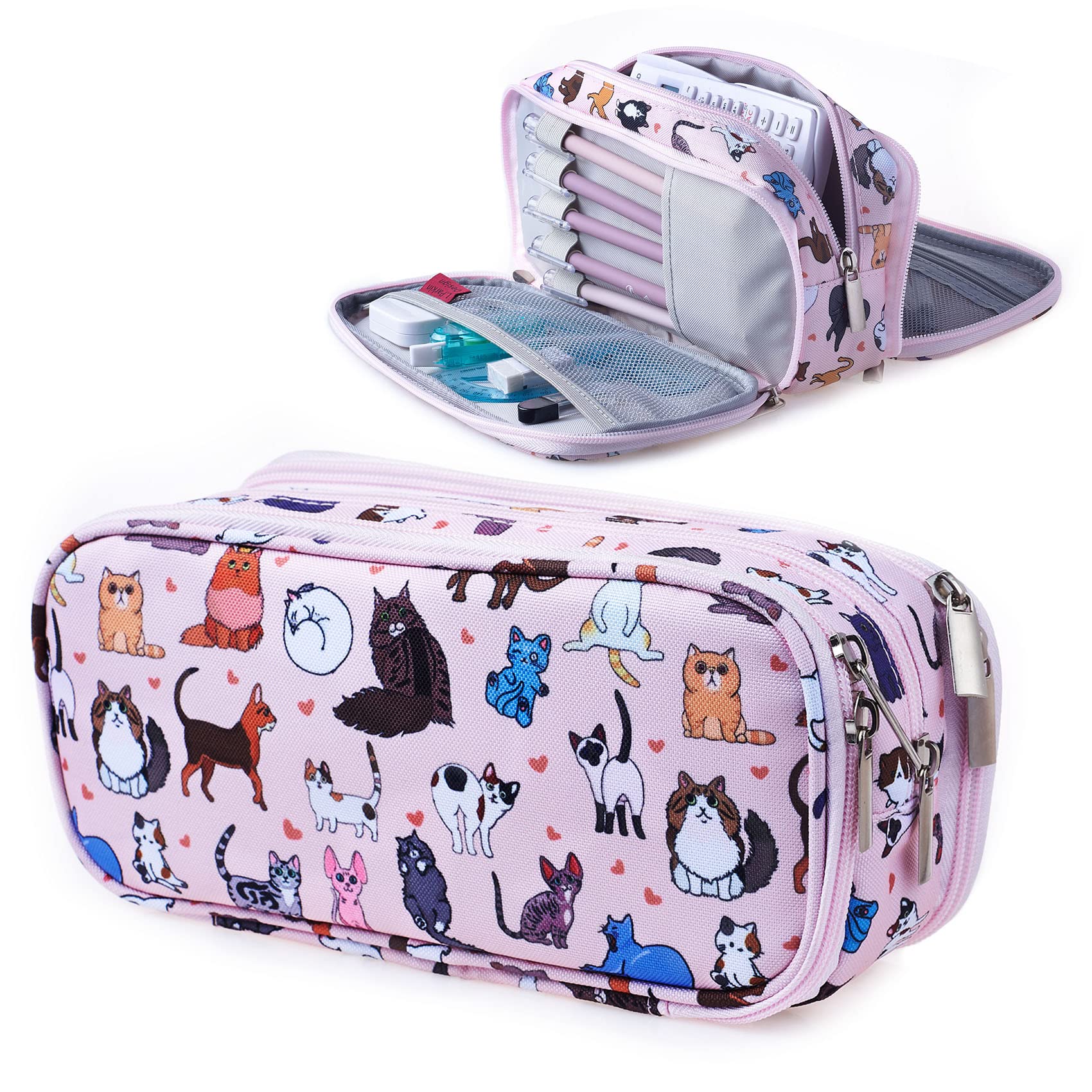 LParkin Cute Cat Pencil Case Super Large Capacity 3 Compartments Canvas Pencil Box Kawaii Makeup