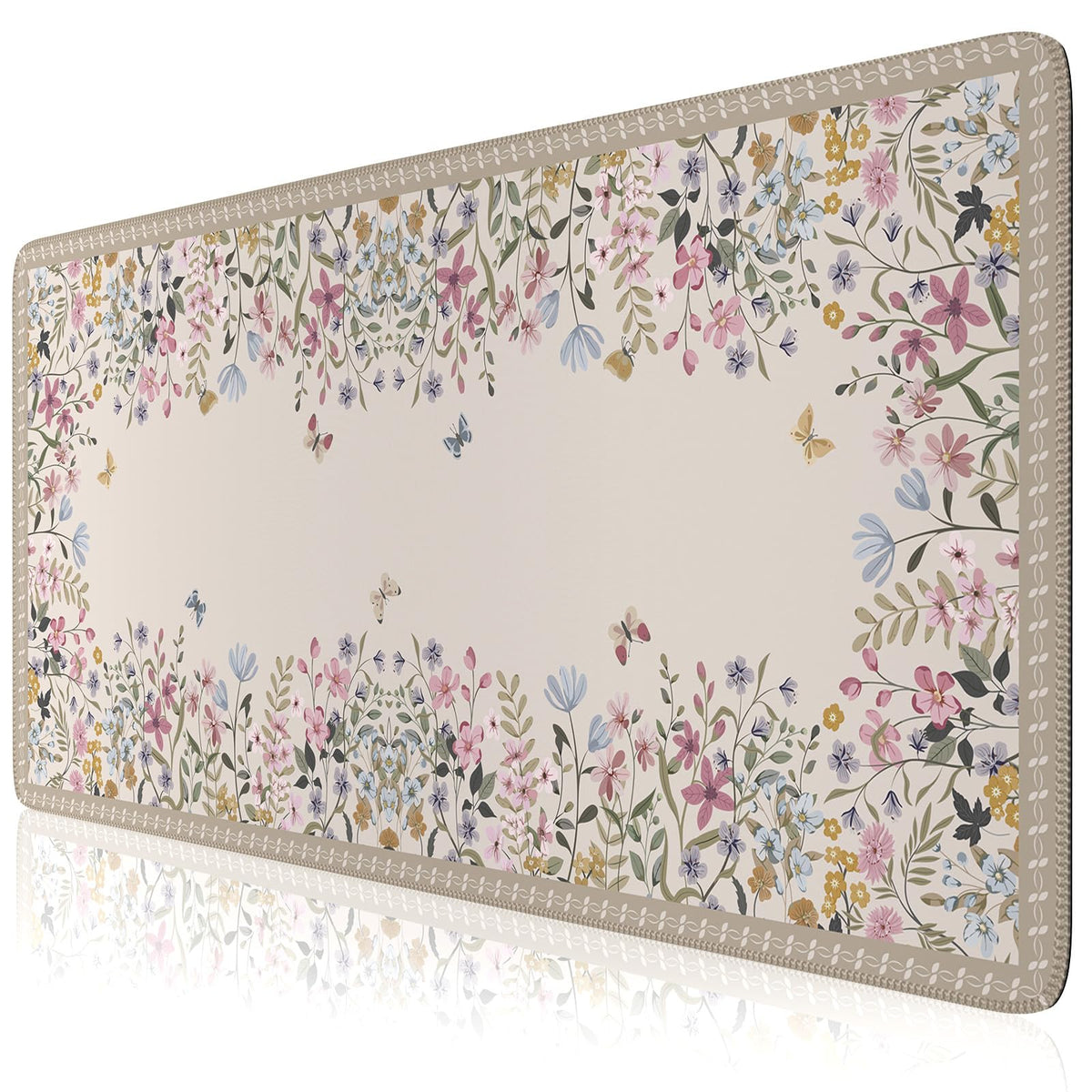 HAOCOO Beige Floral Desk Pad, Large Keyboard Mat Stitched Edge Surface