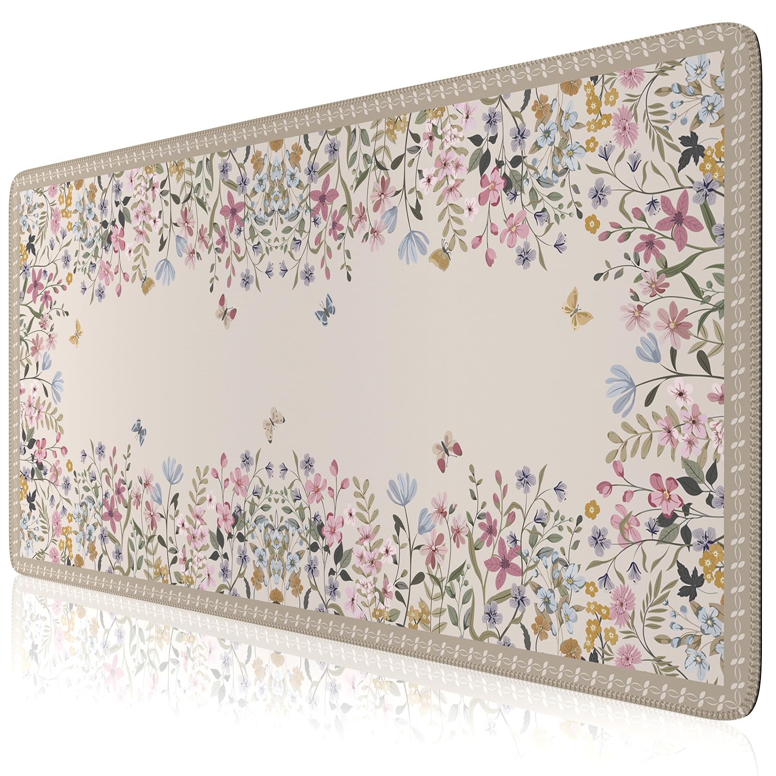 HAOCOO Beige Floral Desk Pad, Large Keyboard Mat Stitched Edge Surface