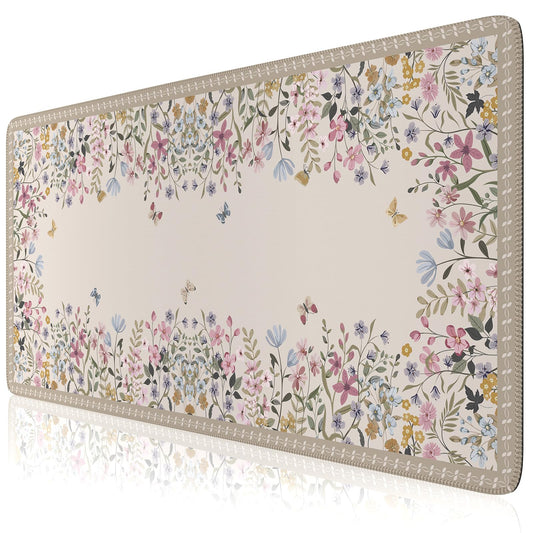 HAOCOO Beige Floral Desk Pad, Large Keyboard Mat Stitched Edge Surface