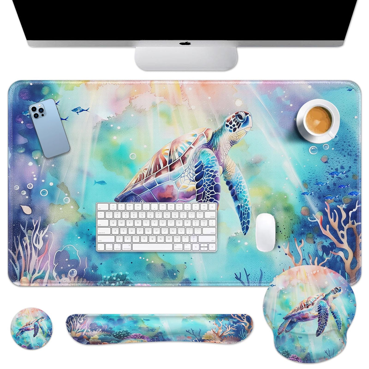 Britimes Keyboard Mouse Pad Set, 4 in 1 Desk Mat Set, Sea Turtle Cute