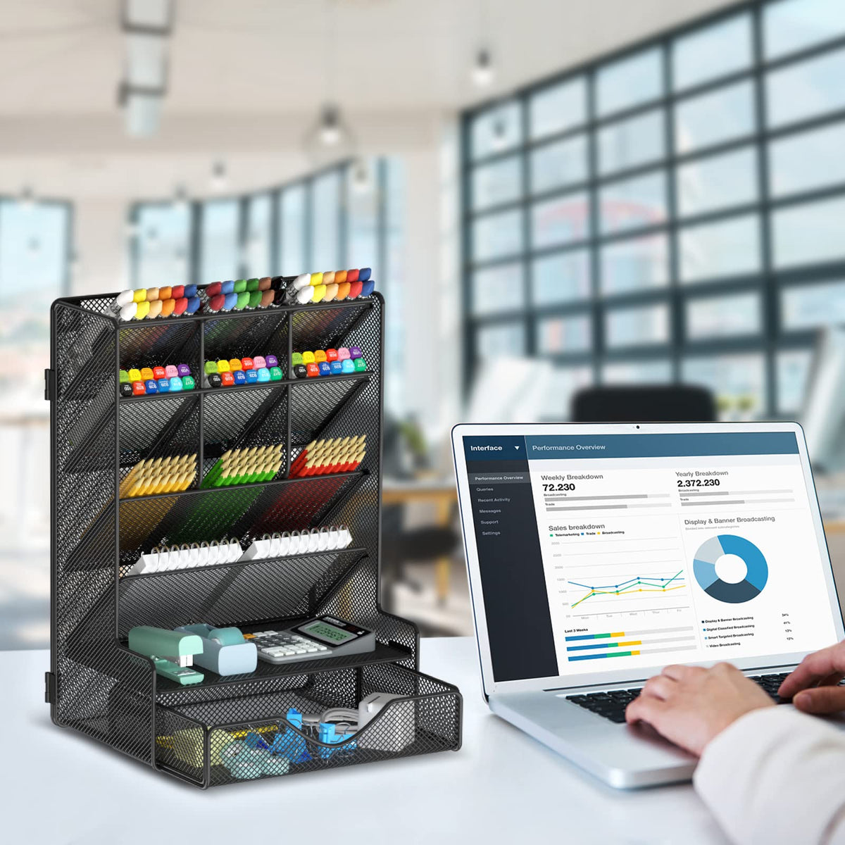 BOHDK Pen Organizer for Desk, Multi-Functional Desk Organizer, Wall Mount Pen Holder with Drawer