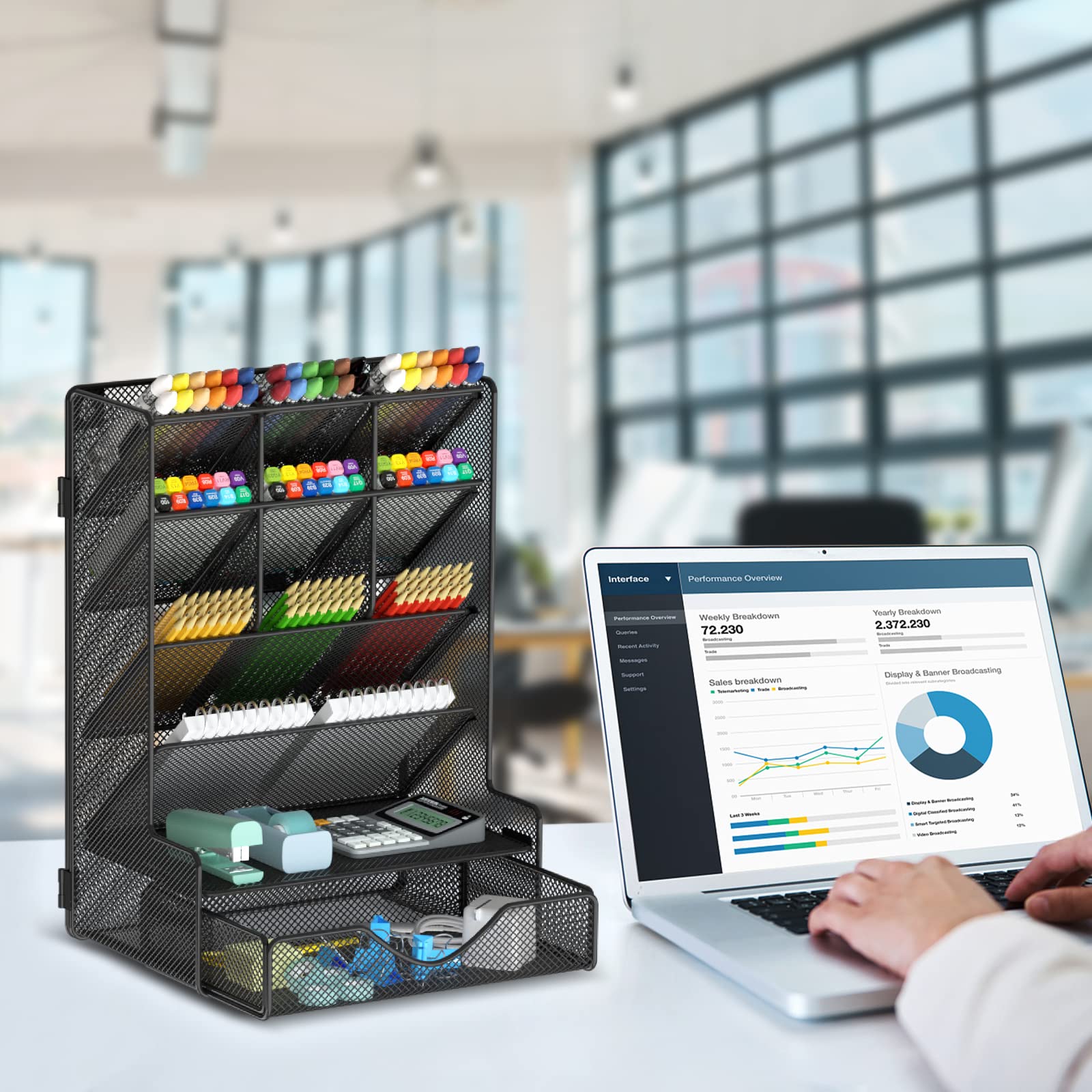 BOHDK Pen Organizer for Desk, Multi-Functional Desk Organizer, Wall Mount Pen Holder with Drawer