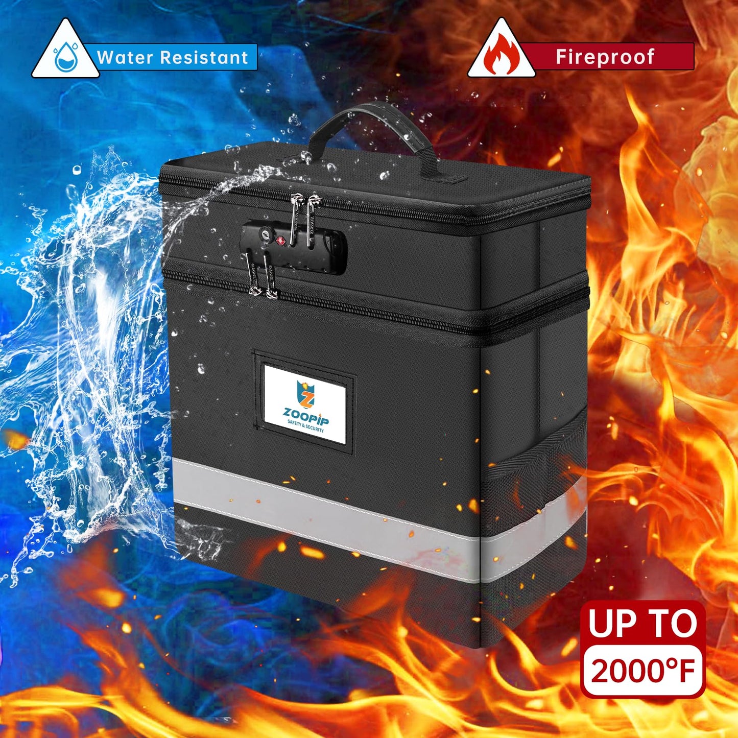 ZOOPIP Fireproof File Box with Lock, 2 Layer Document Organizer, Black