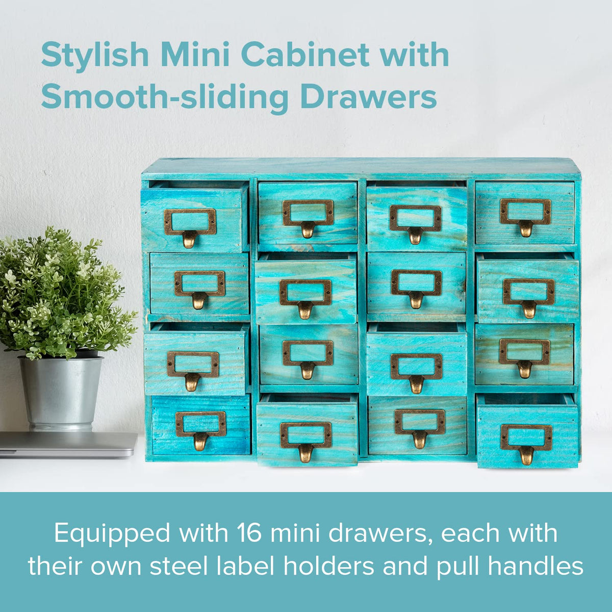 Teal 16-Slot Wooden Drawer Unit - Country Style Desk Organizer Box - 20"x3.6”x14” Wooden Storage