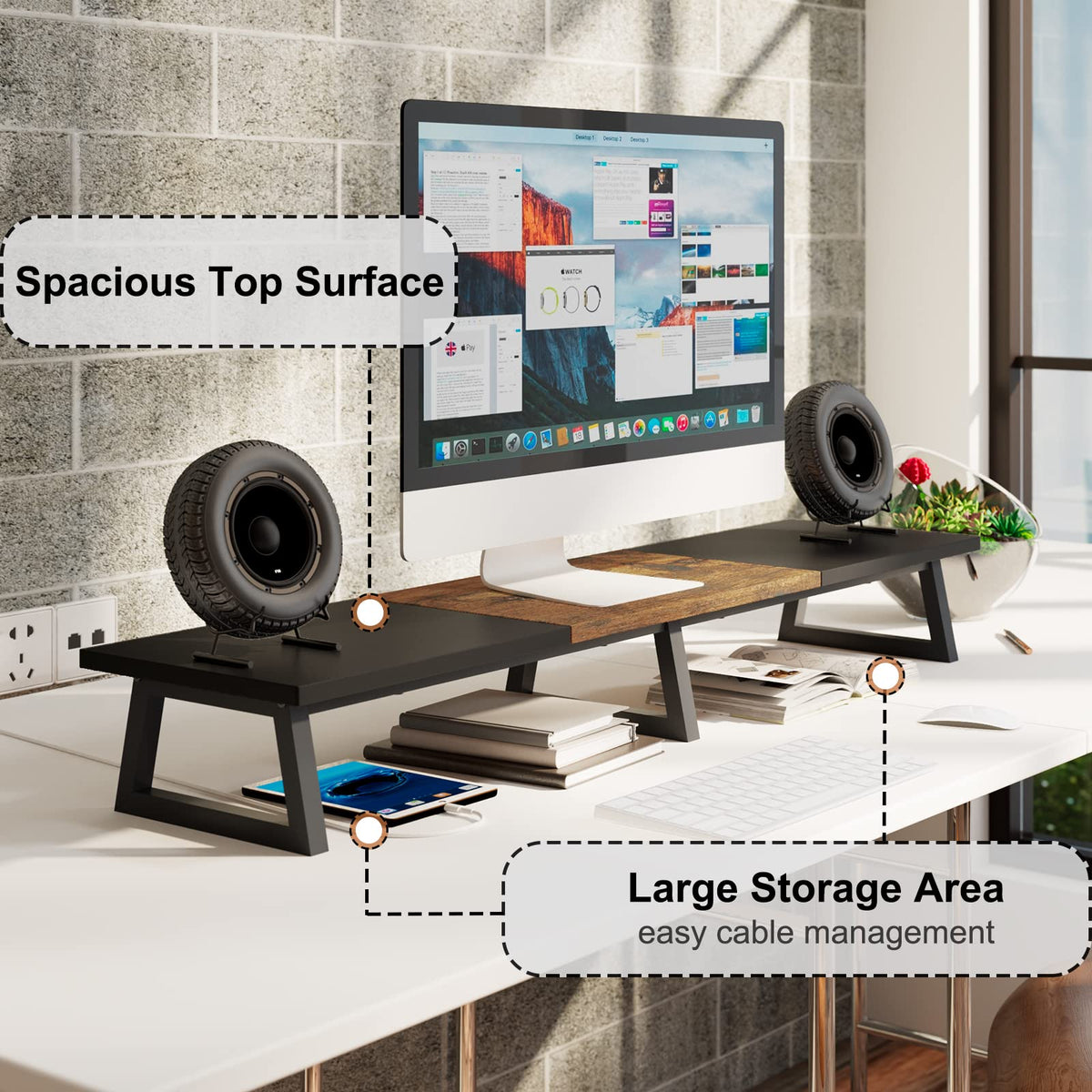 TEAMIX 42 inch Large Dual Monitor Riser, Desk Organizer Stand for TV Laptop