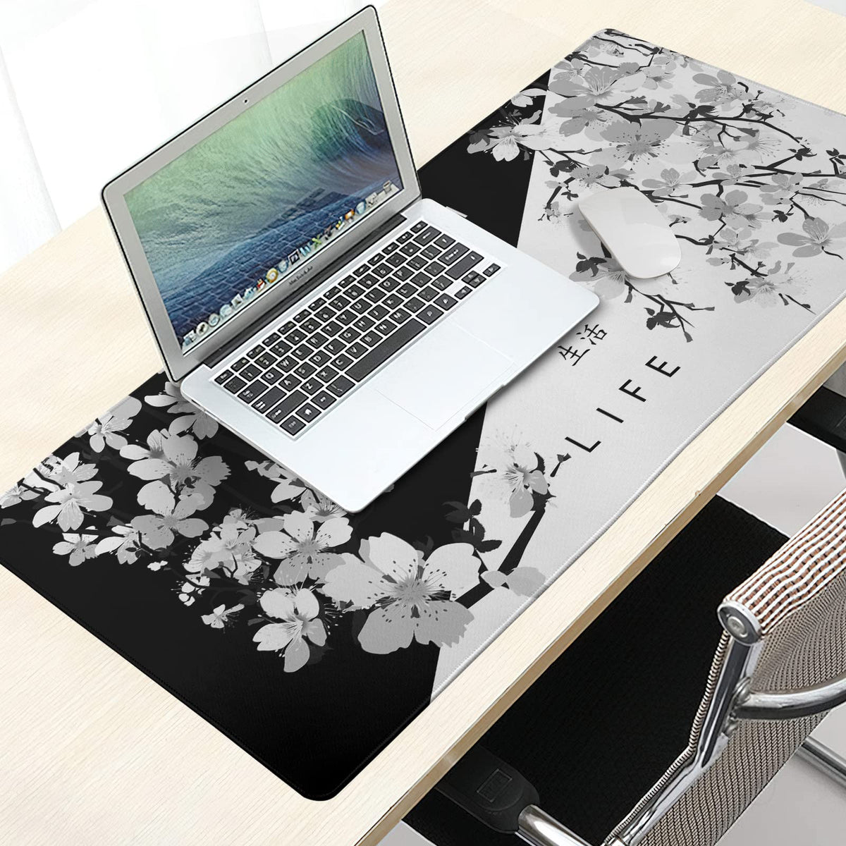 Black White Japanese Mouse Pad 35.4 X 15.7 Inch XXL Cherry Blossom Death Life Full Desk Mousepad