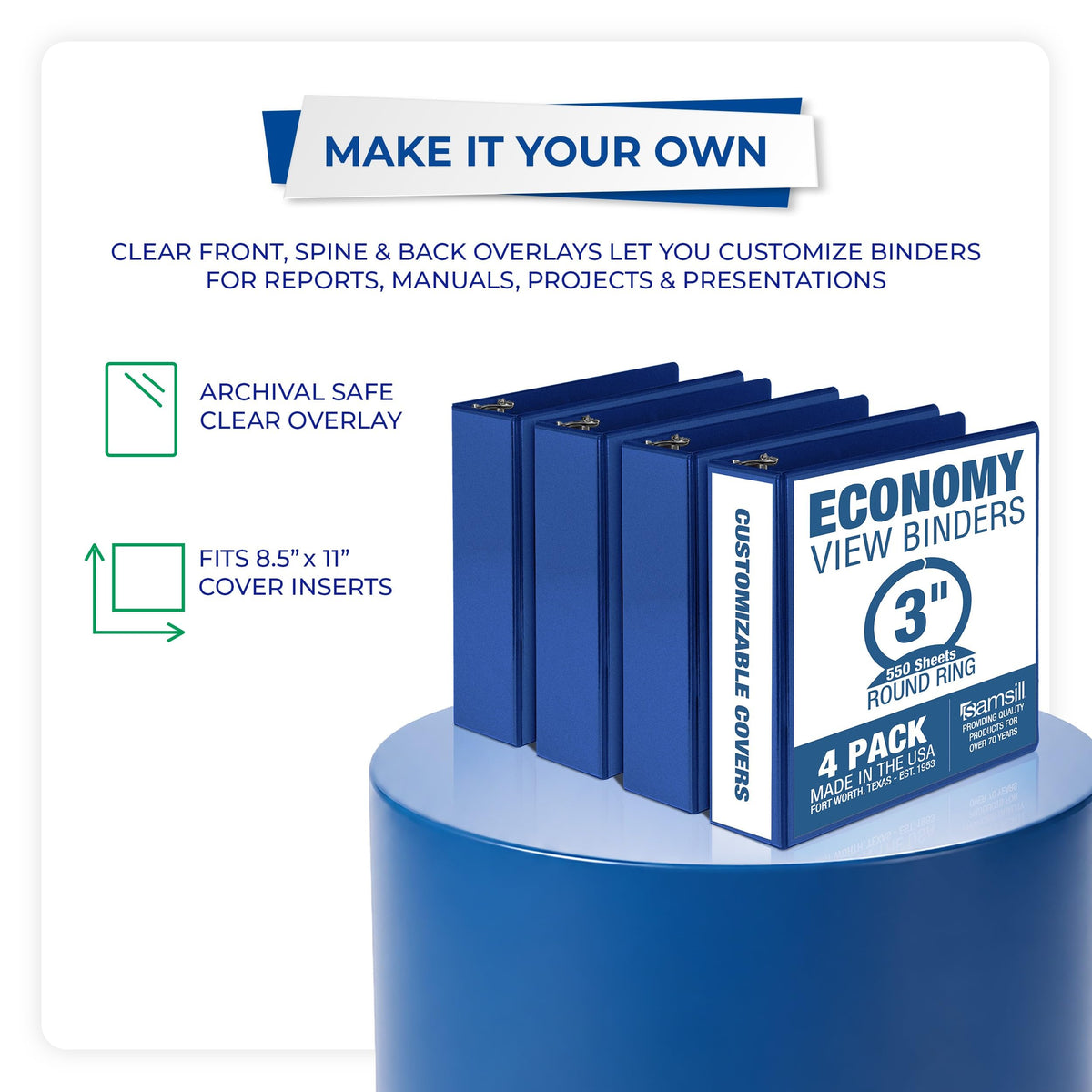 Samsill 3 Inch 3 Ring Binders, Economy Round Ring, Clear View Cover, 550 Sheet Capacity - for