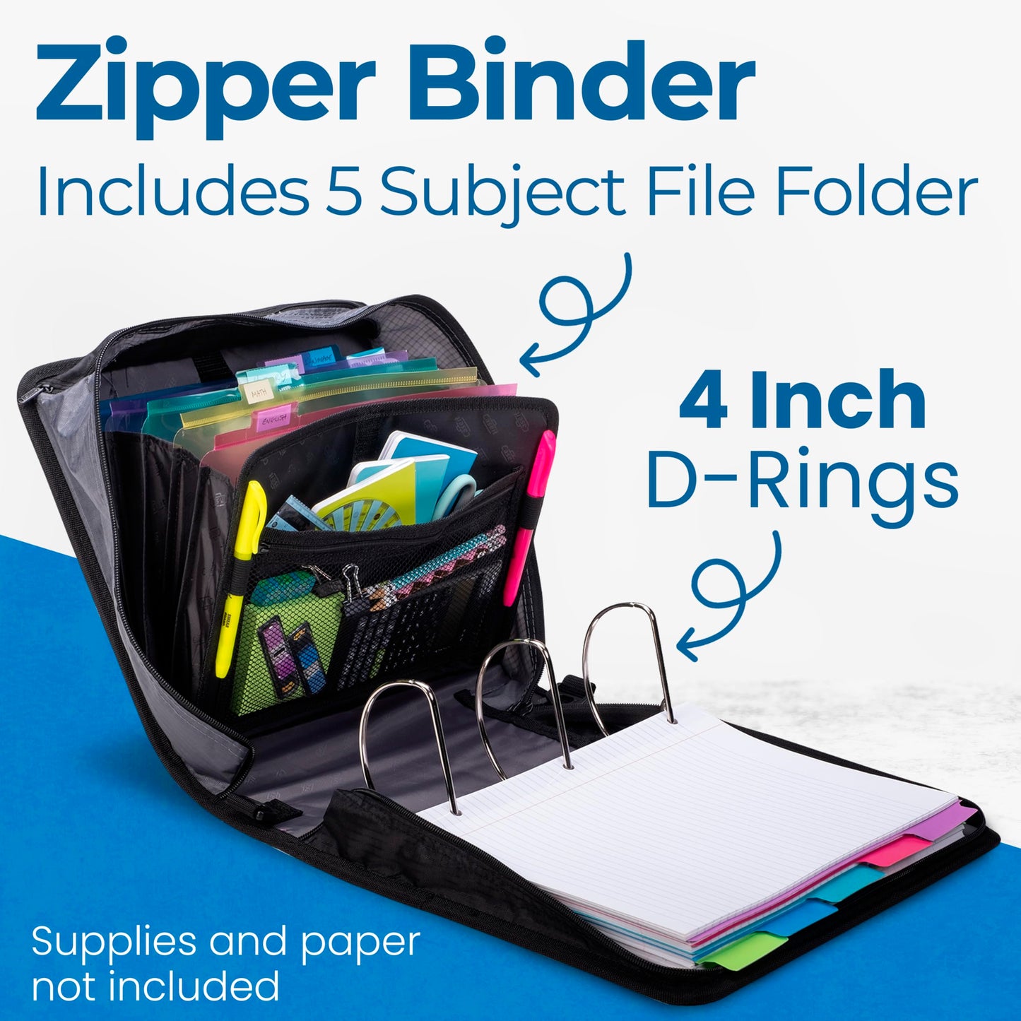 Case-it School Zipper Binder | 4-Inch D-Rings | 800-Sheet | D-186 Jet Black