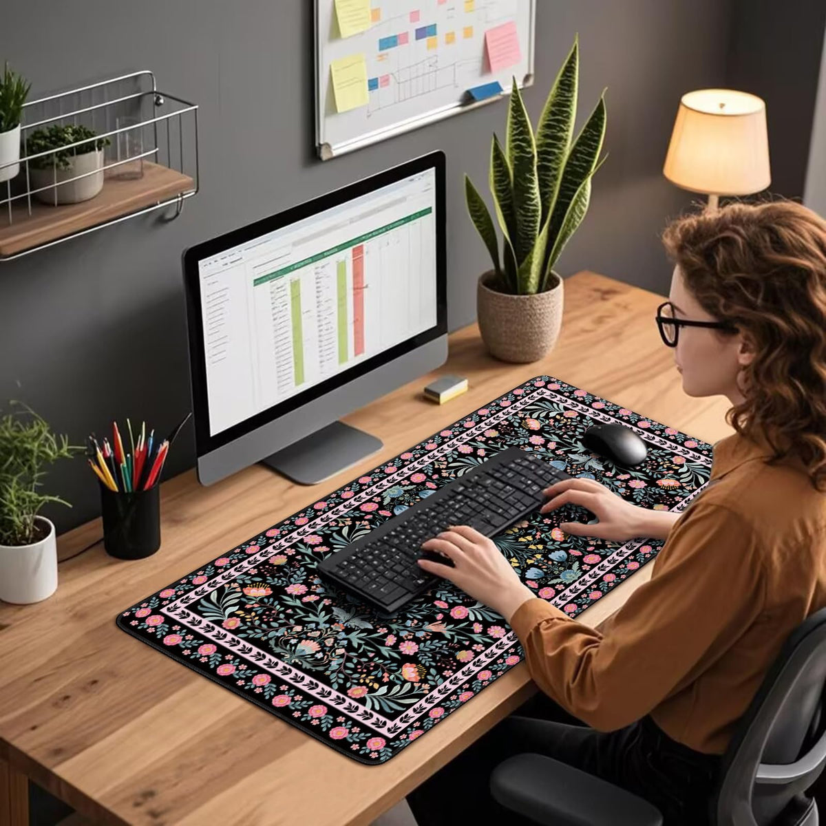 Mcapirivo Black Floral Desk Mat Large Mouse Pad 31.5"x15.7" Non-Slip