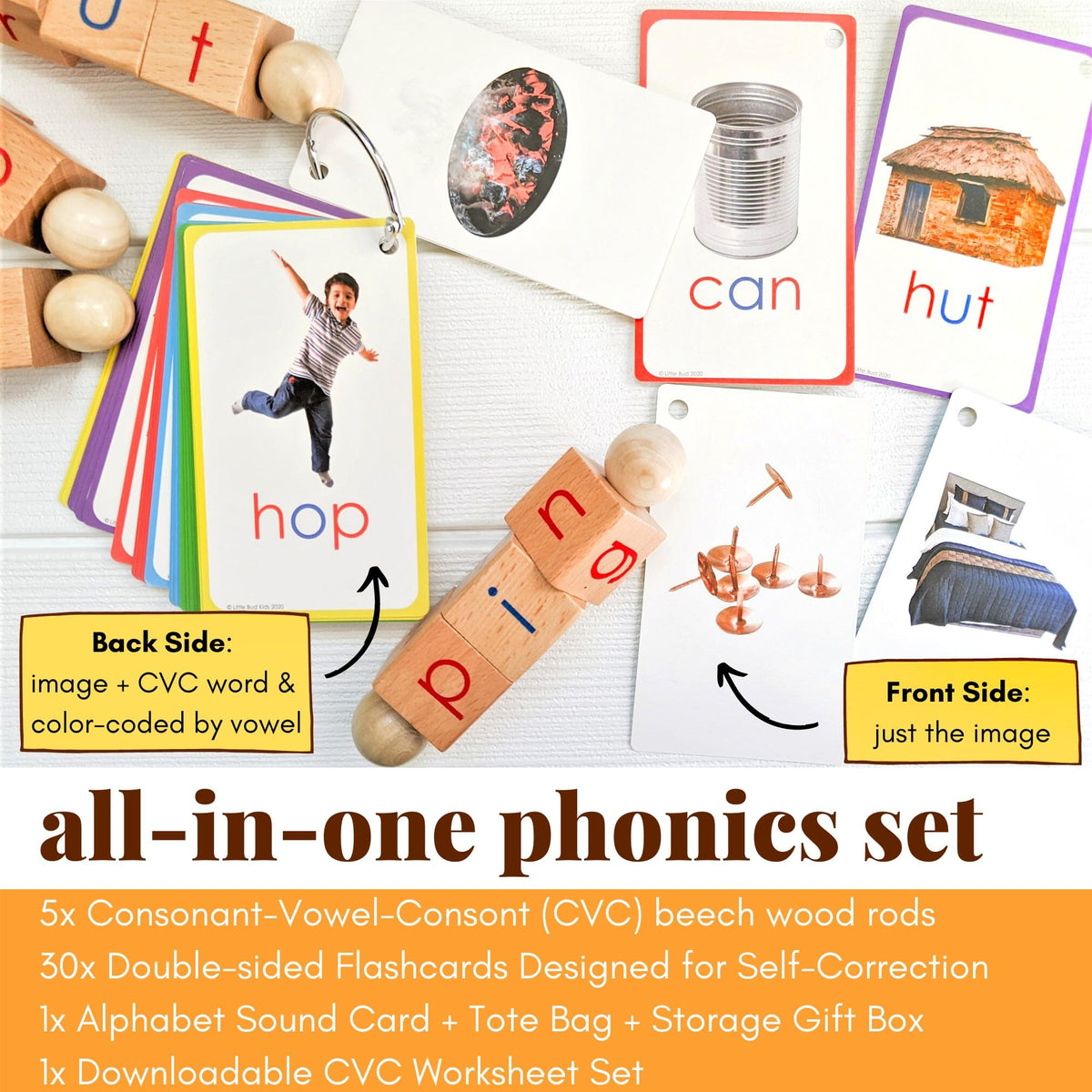 LITTLE BUD KIDS Spin-and-Read Montessori Phonetic Reading Blocks with CVC Phonics Flashcards for