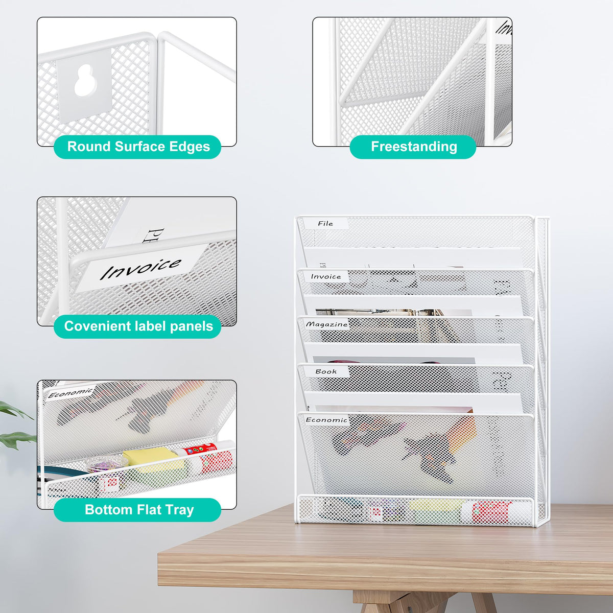 EasyPAG 5 Tier Wall File Holder, Mesh Hanging Folder Organizer with Classify Label, Versatile Desk
