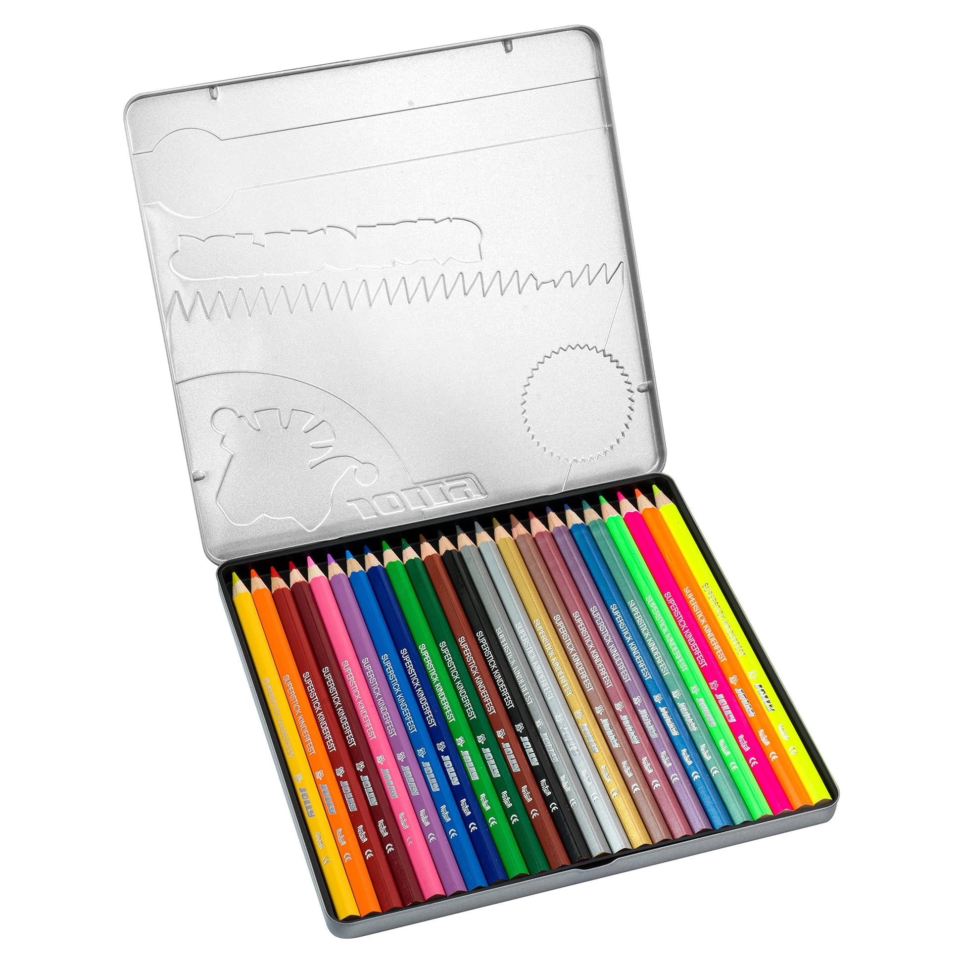 Jolly Supersticks Premium European Metallic and Neon Colored Pencils with Tin Carrying Case; Set of