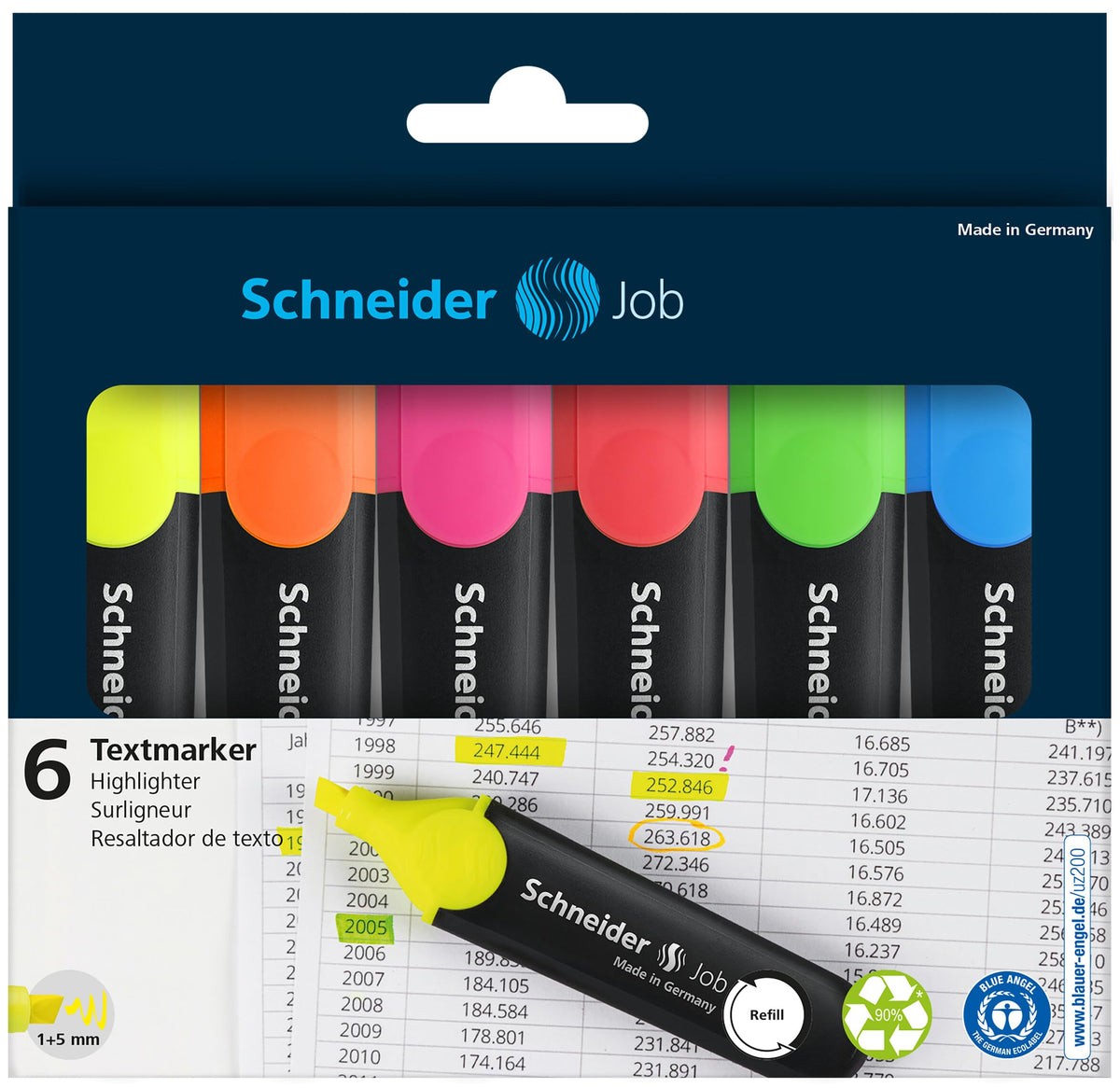 Schneider Job 150 Highlighters - Assorted Colours (Wallet of 6)