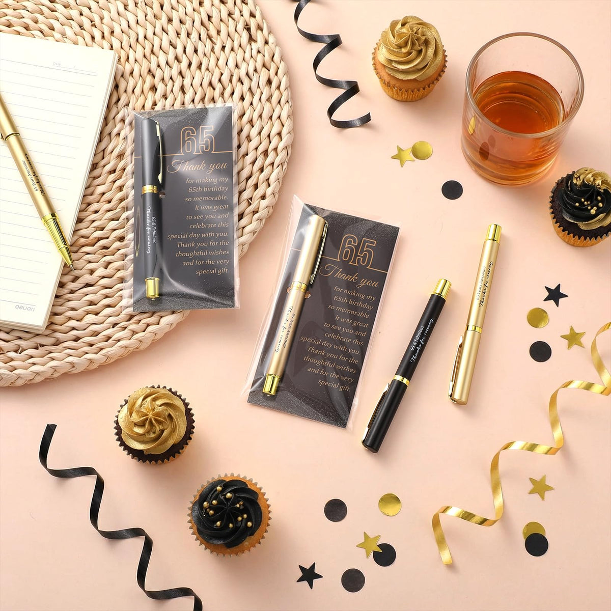 Feifeiya 50 Set 65th Birthday Favors with Black Gold Pens Cards
