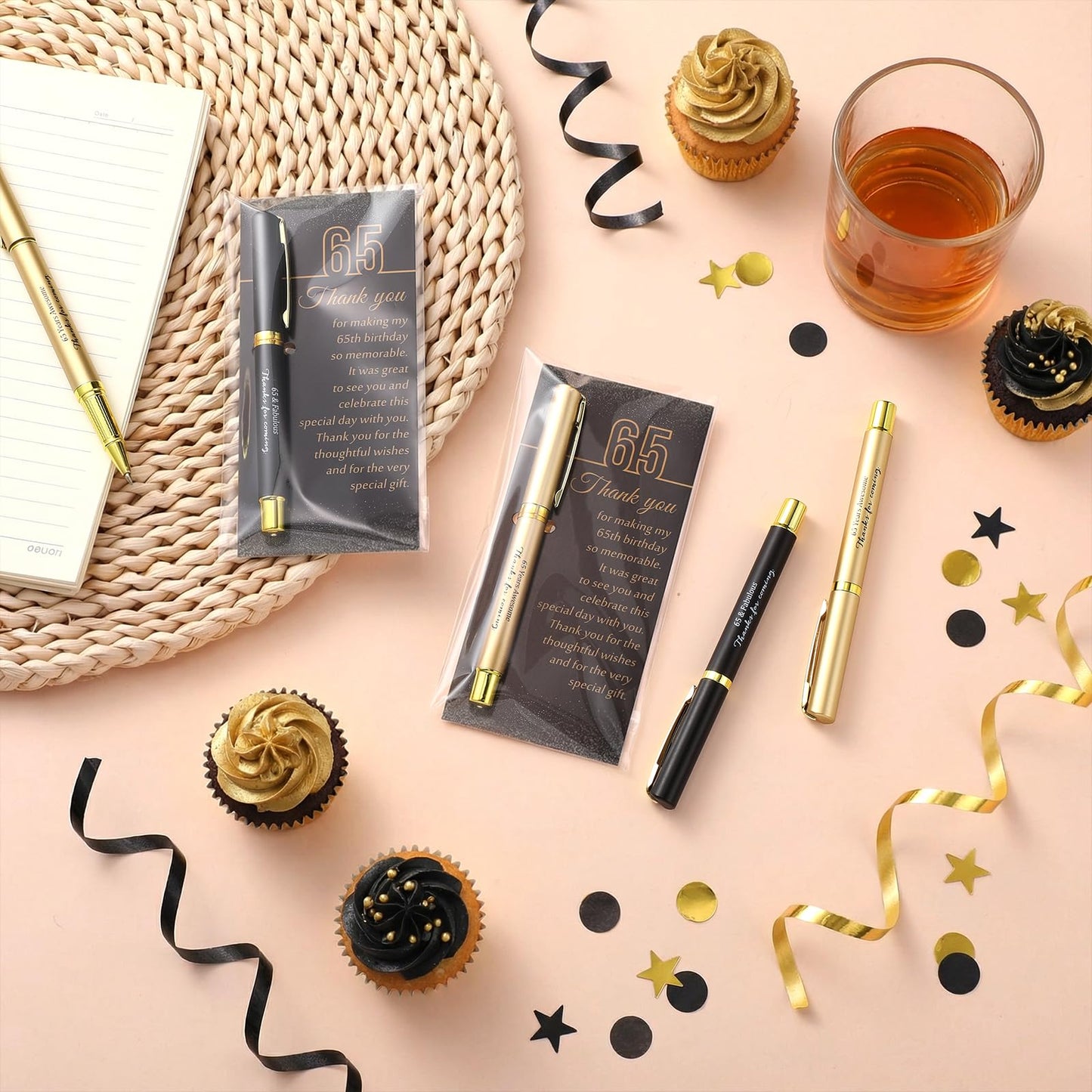 Feifeiya 30 Set 65th Birthday Favors with Black Gold Pens Cards