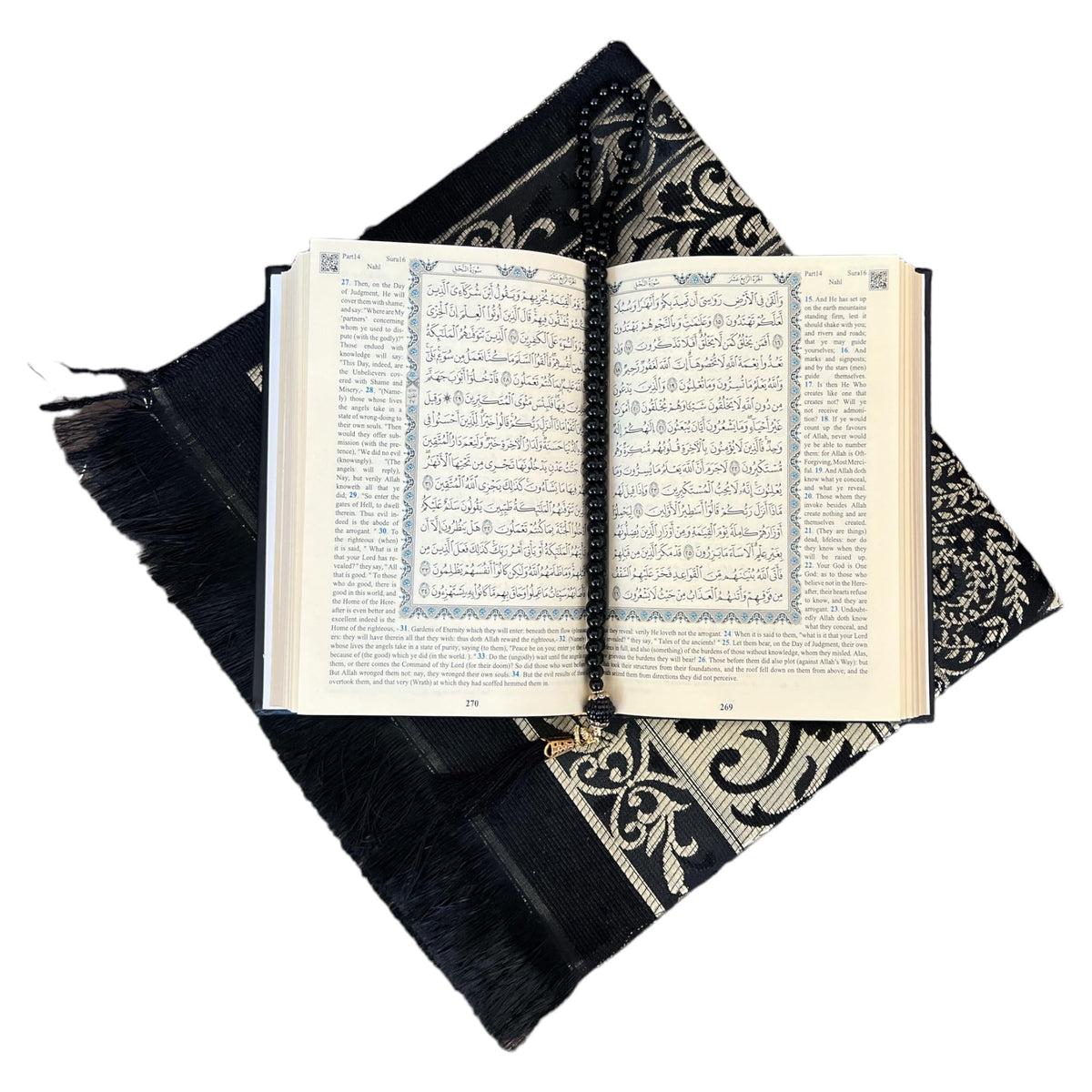 English Translate Thermo Leather Covered Quran, Tafta Prayer Mat and Beads Set |Quran