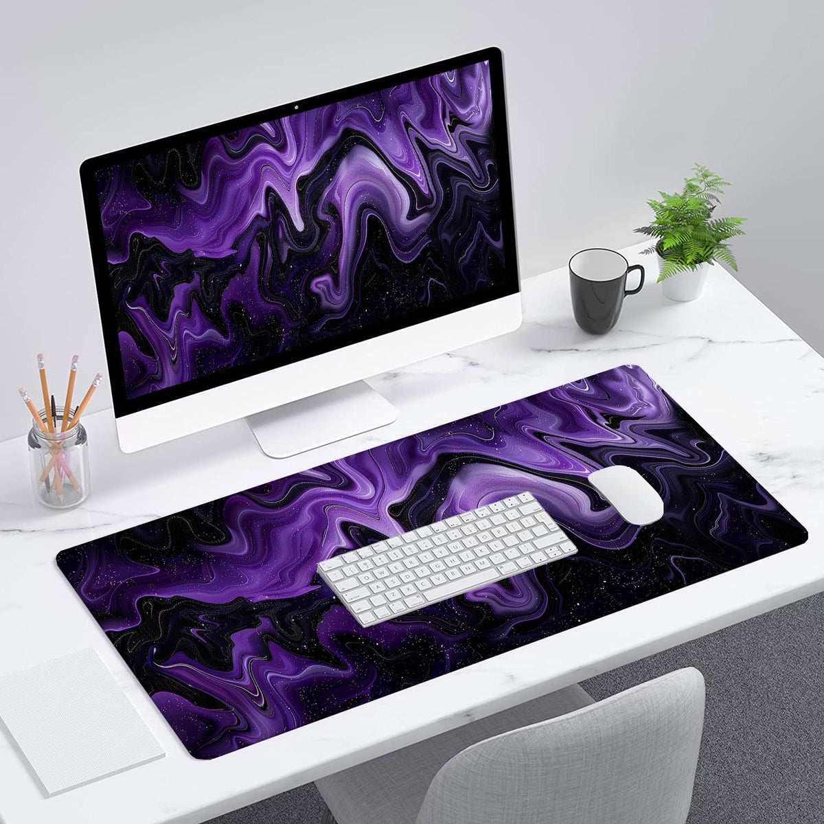 Dark Purple Ripples Desk Pad Mouse Pad Black Purple Lines Large Gaming Mouse Mat with Stitched