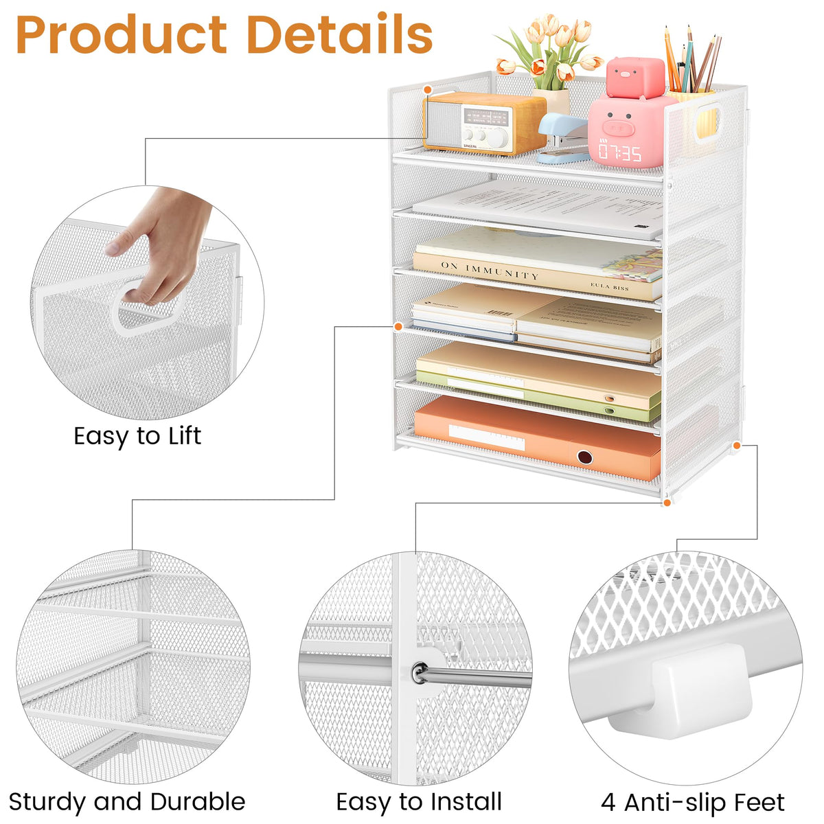 Subekyu 6-Tier Desk Paper Organizer, Desktop File Letter Tray with Handle, Document Sorter and