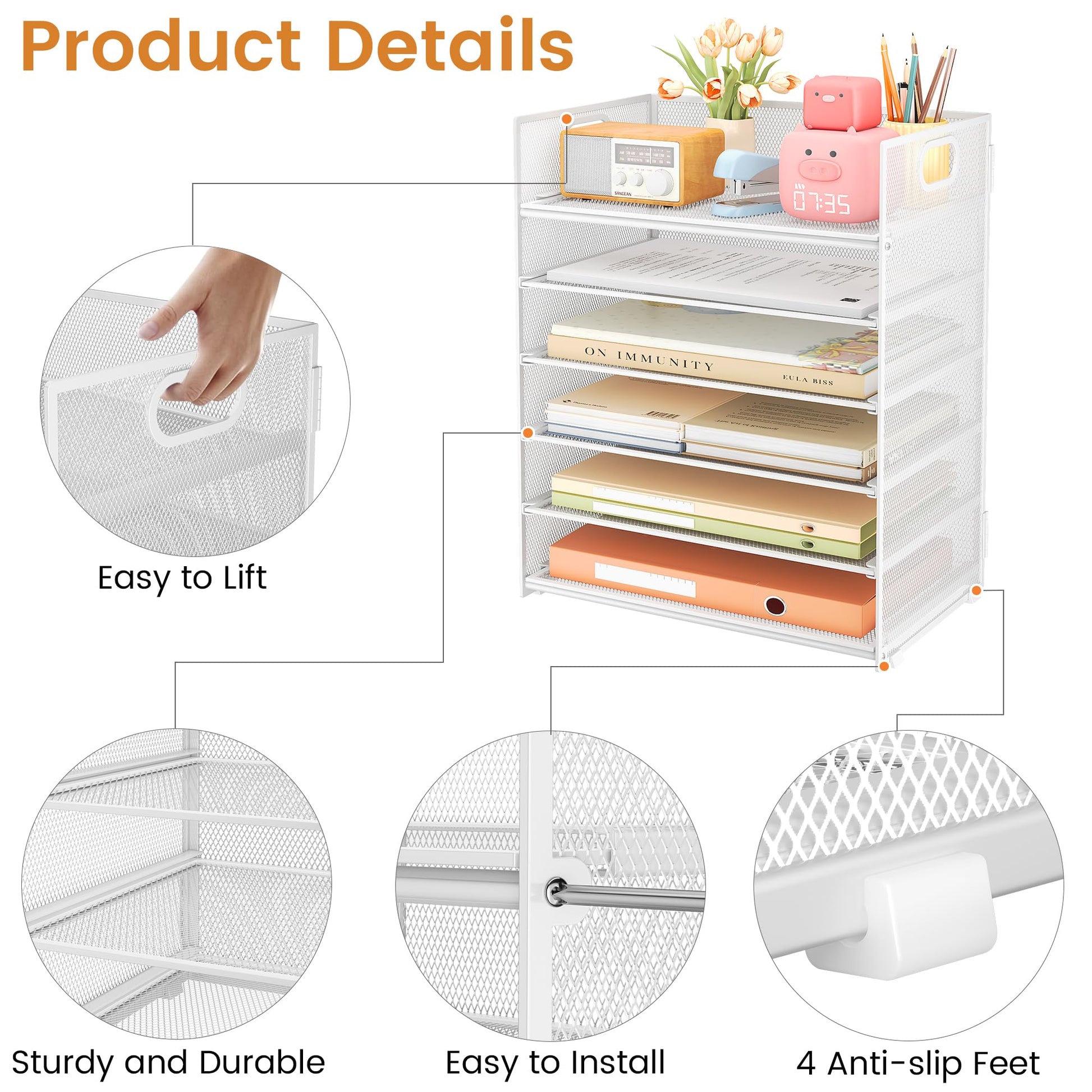 Subekyu 6-Tier Desk Paper Organizer, Desktop File Letter Tray with Handle, Document Sorter and