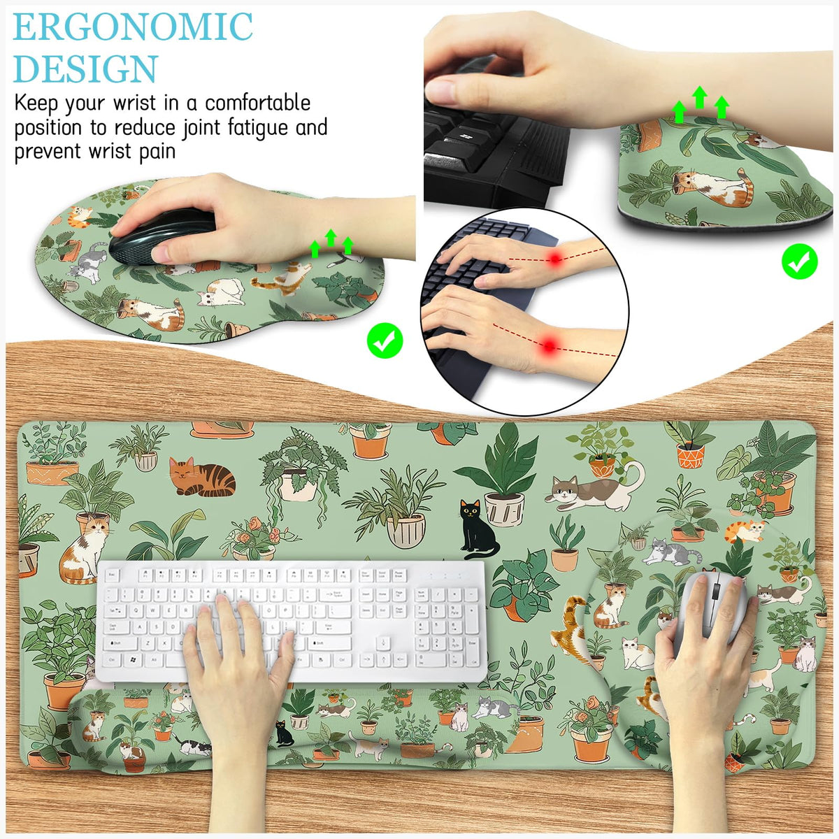 LIMKRIAN Cat Ergonomic Mouse Pad XXL Desk Mat Set, Green Desk Accessories