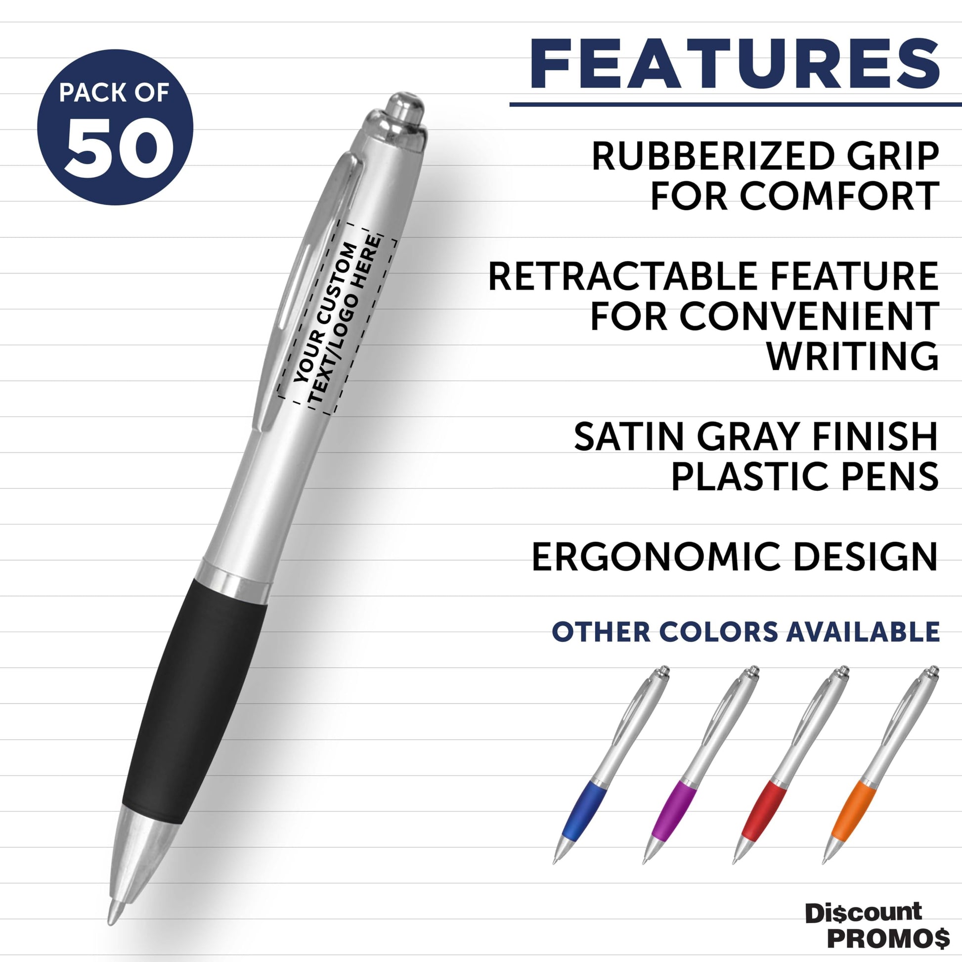 Personalized Ballpoint Pens with Rubber Grip and Click Button, Pack of 50 by DISCOUNT PROMOS