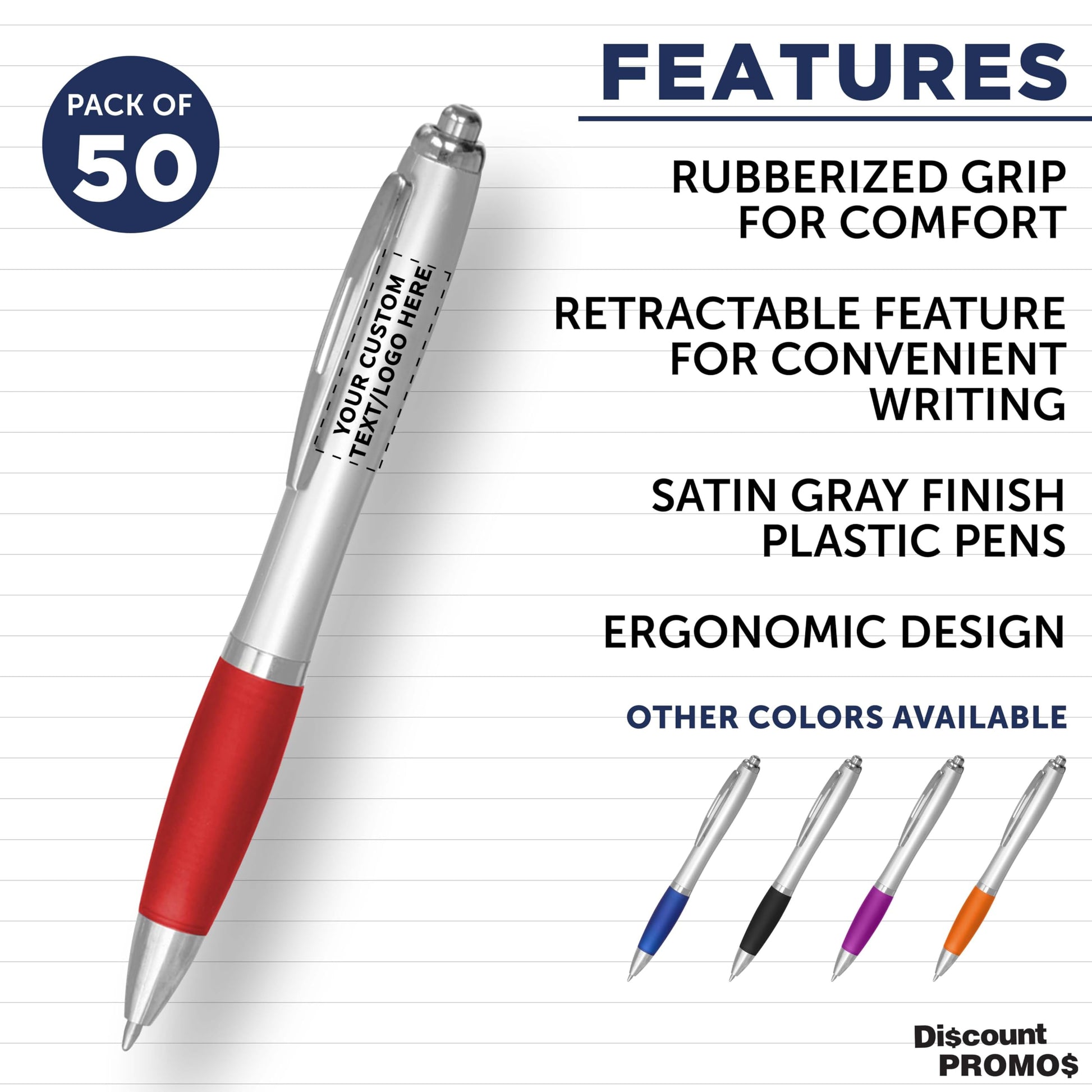 Personalized Ballpoint Pens with Rubber Grip and Click Button, Pack of 50 by DISCOUNT PROMOS