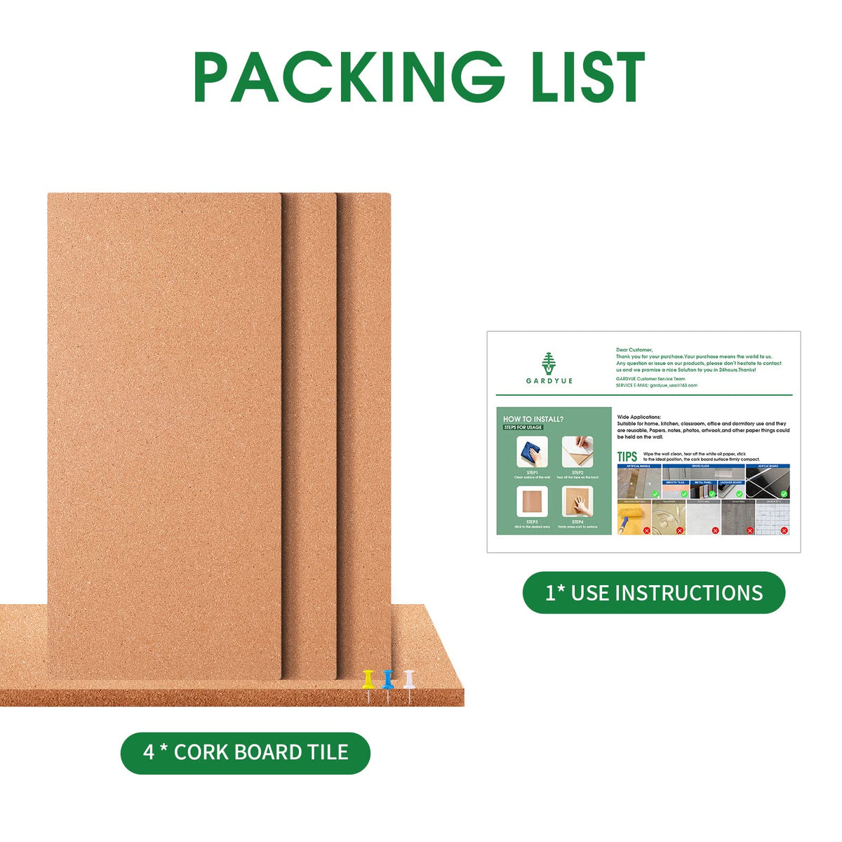 GARDYUE 4 Pack Cork Bulletin Board 17"x8" - 1/2" Thick Cork Board Tiles,Self-Adhesive Frameless