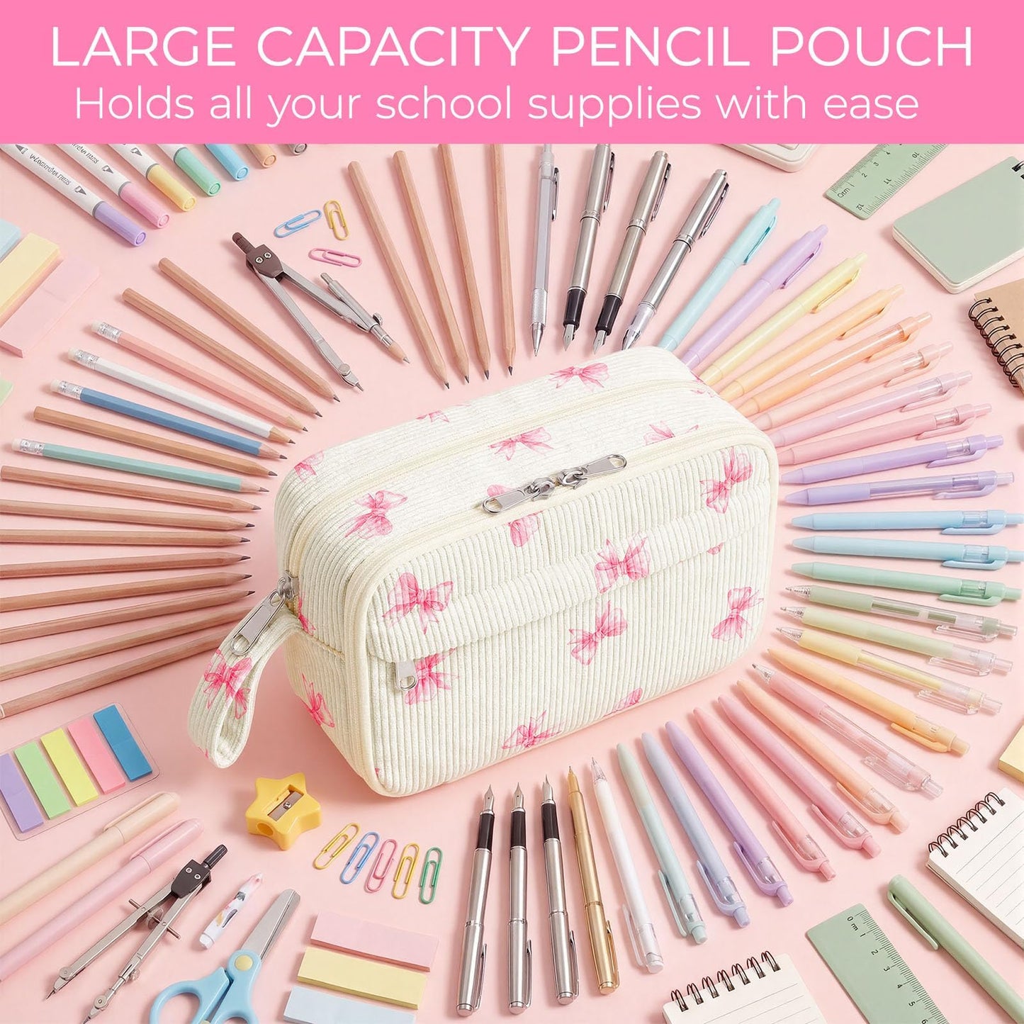 WOBAGMEN Cute Pencil Case,Large Corduroy Zippered Pencil Case Pouch, aesthetic Pencil Bag with