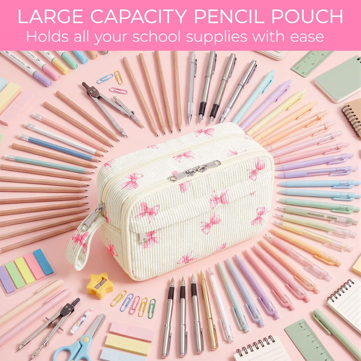 WOBAGMEN Cute Pencil Case,Large Corduroy Zippered Pencil Case Pouch, aesthetic Pencil Bag with