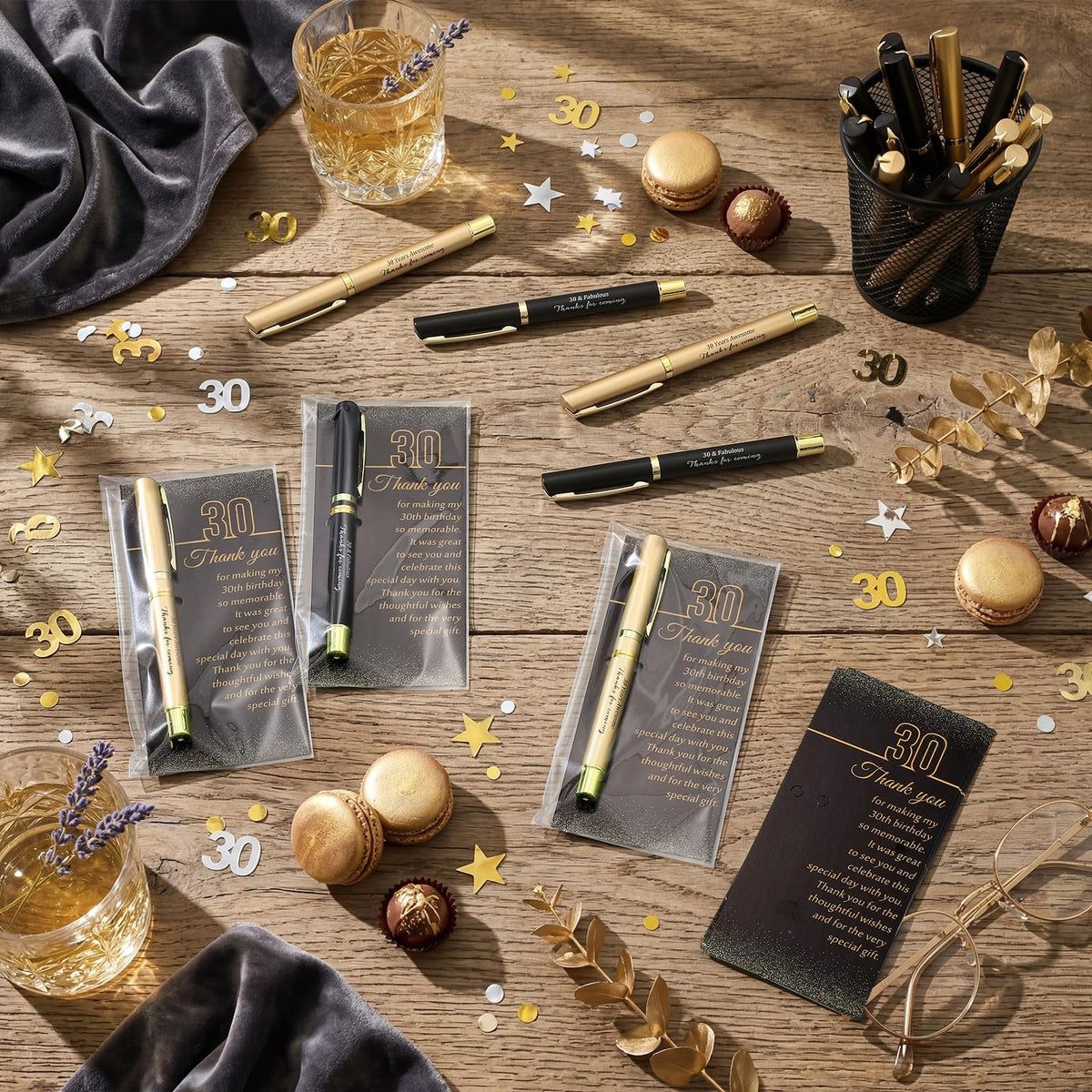 Feifeiya 30 Set 30th Birthday Favors with Black Gold Pens Cards