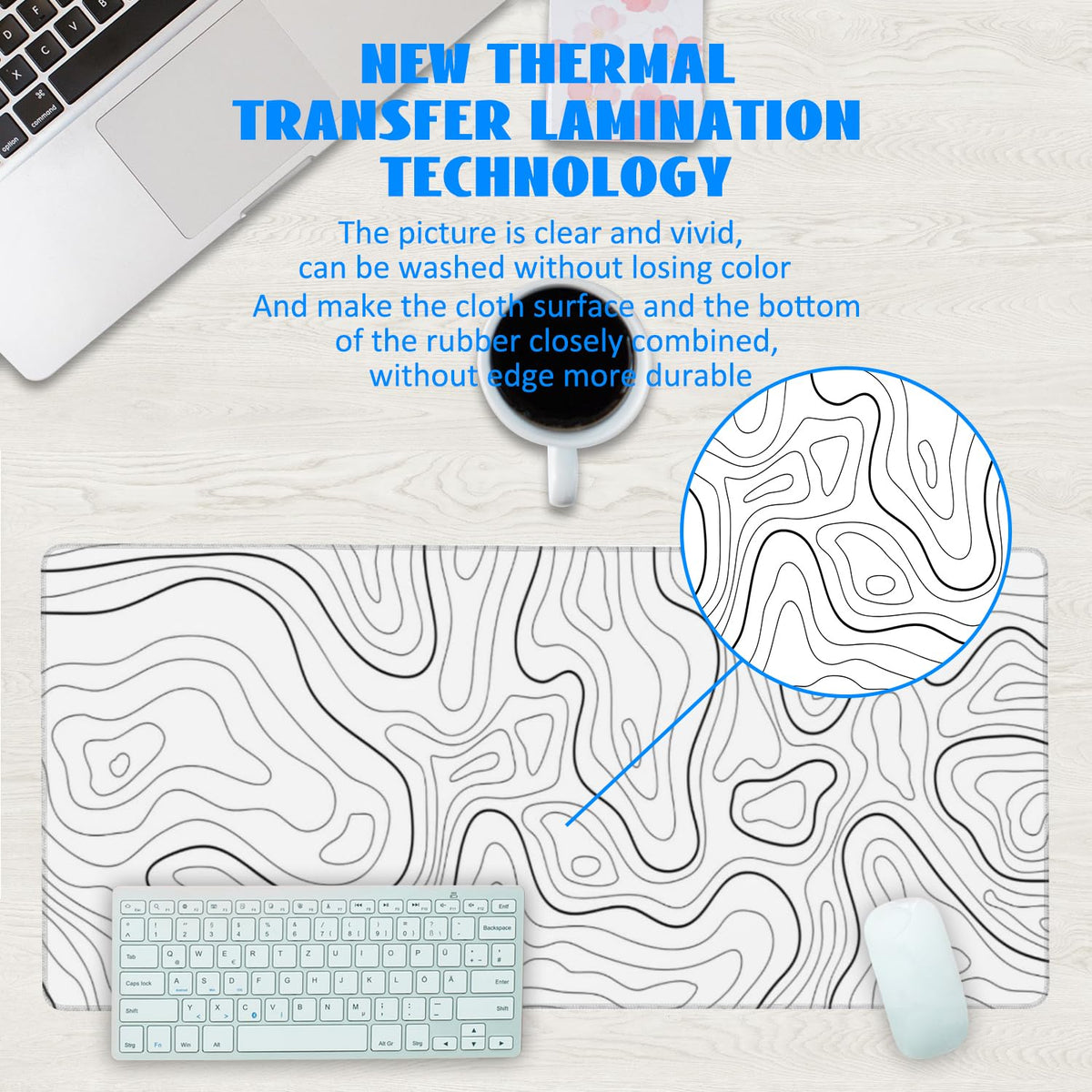 Desk Mat, White Topographic Contour Map Extended Gaming Mouse Pad Large, 35.4"x15.7" Big Mouse Pad