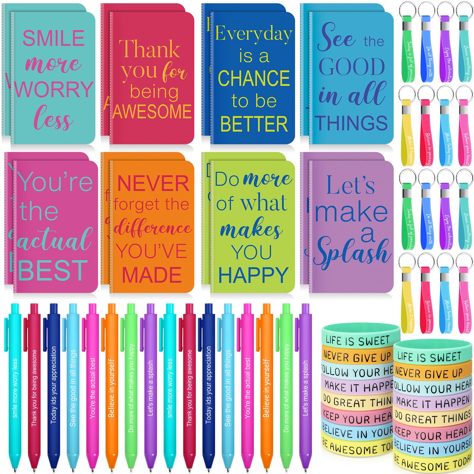 PerKoop 64 Pcs Inspirational Gift Bulk Notebooks Ballpoint Pen, Rainbow