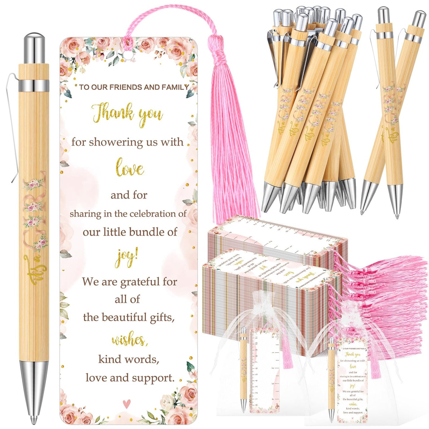 Gilprop 50 Sets Baby Shower Favor for Guest Ballpoint Pen Bookmarks Floral