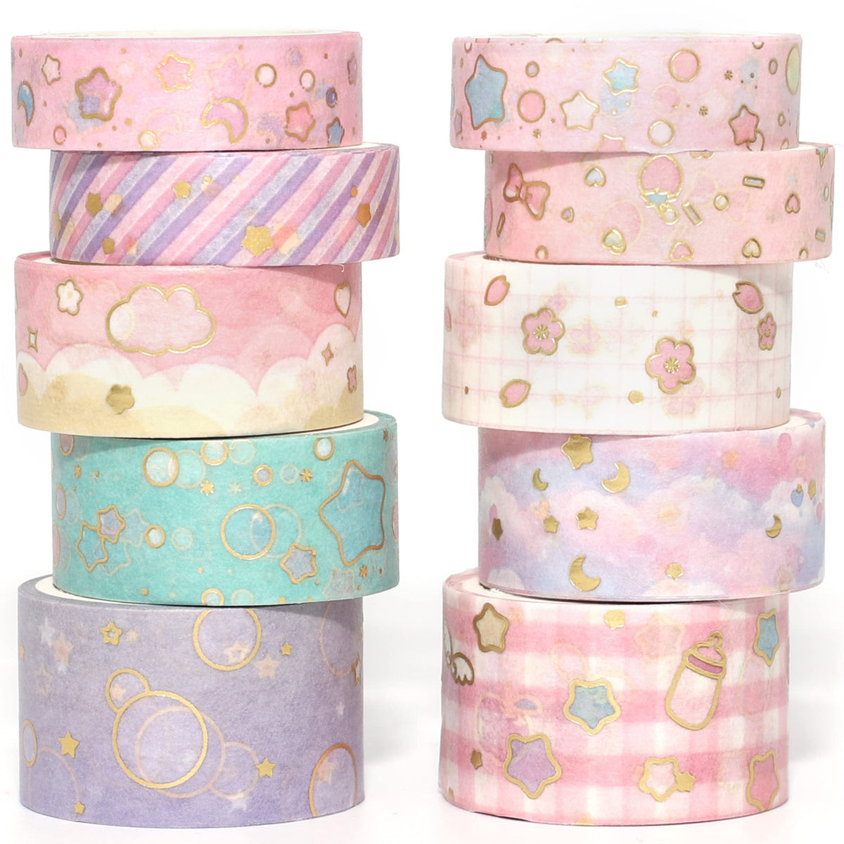 YUBX Creative Washi Tape Set 10 Rolls Gold Foil Print Decorative Masking Tapes for Arts, DIY