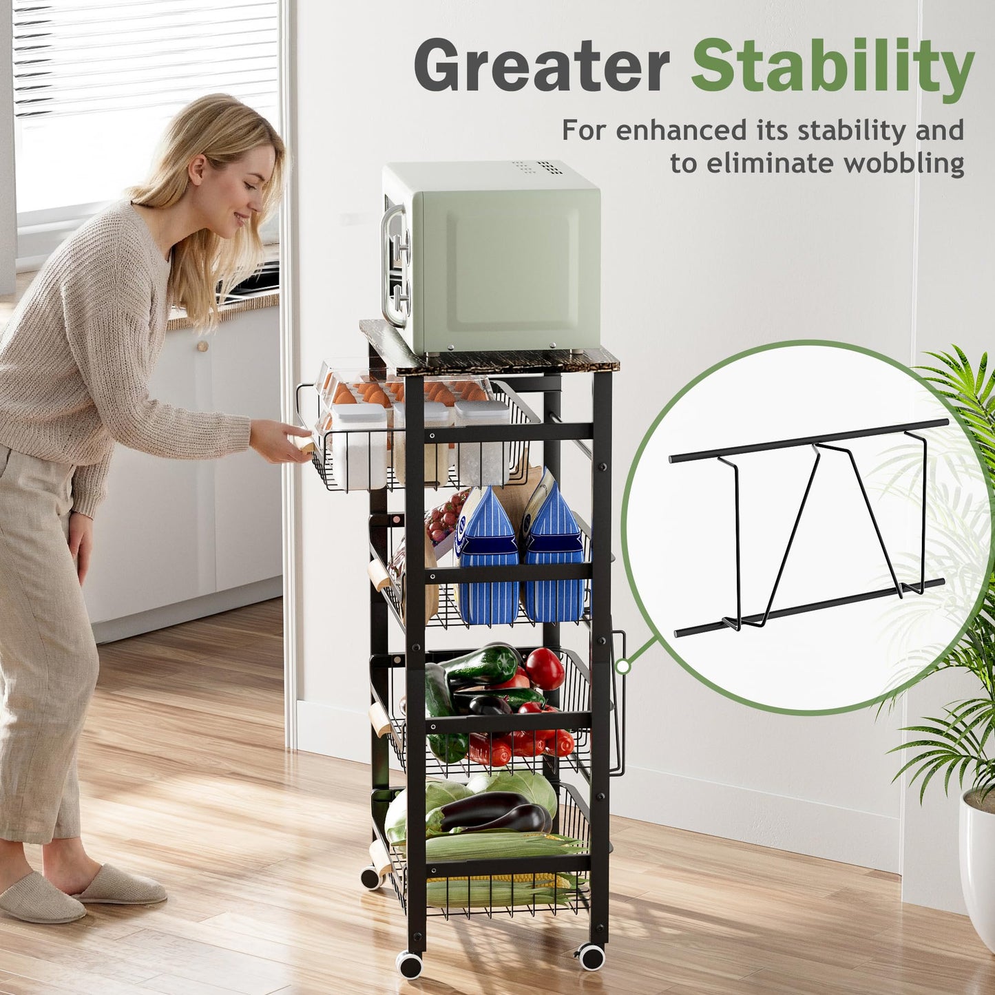 JAQ 5-Tier Fruit Vegetable Storage Cart with Wood Top, Rolling Kitchen Basket Organizer with