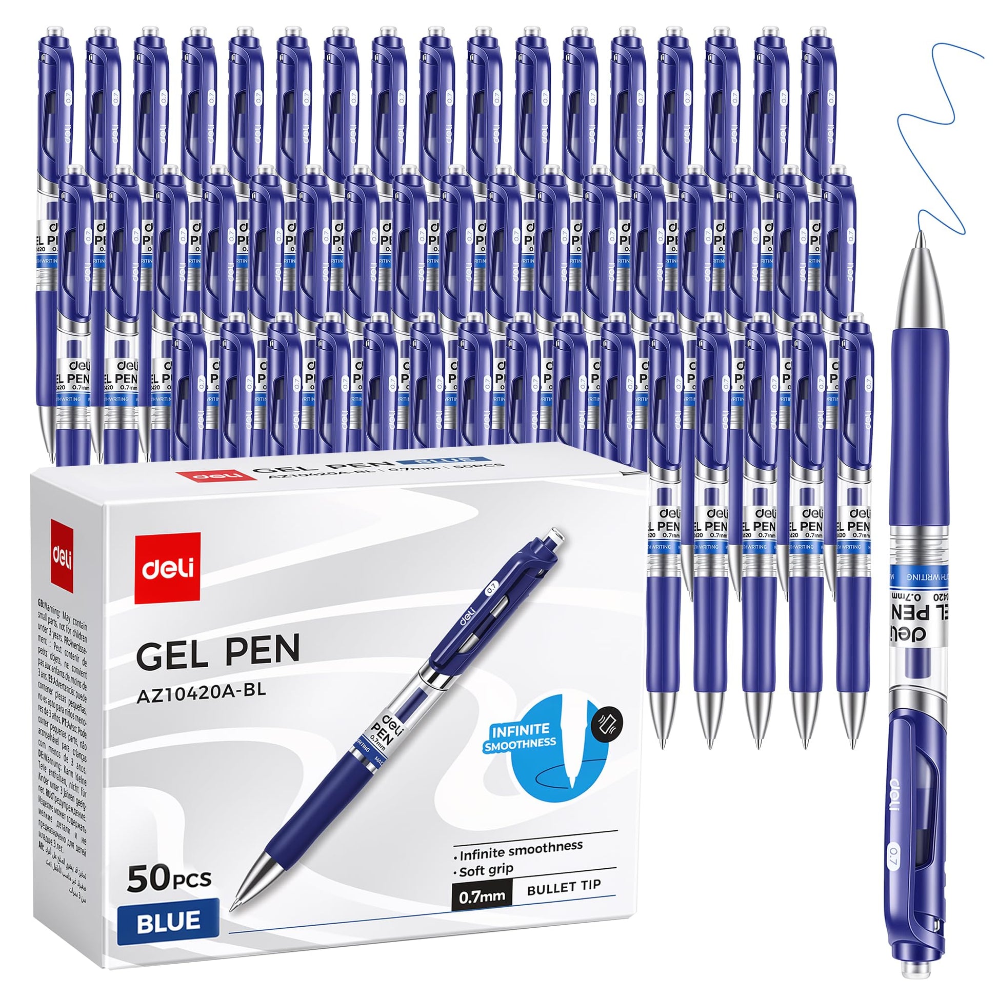 deli Gel Pens, 50 Pcs Pens Blue Ink, Retractable Medium Point Pen 0.7mm