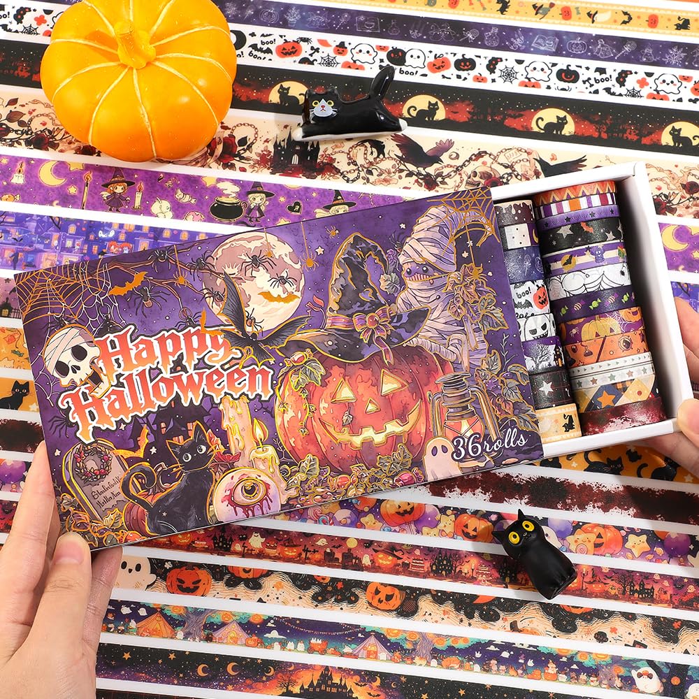 icceemee Halloween Washi Tape Set 36 Rolls, Vintage Pumpkin Ghost Bat Spider Witch Decorative